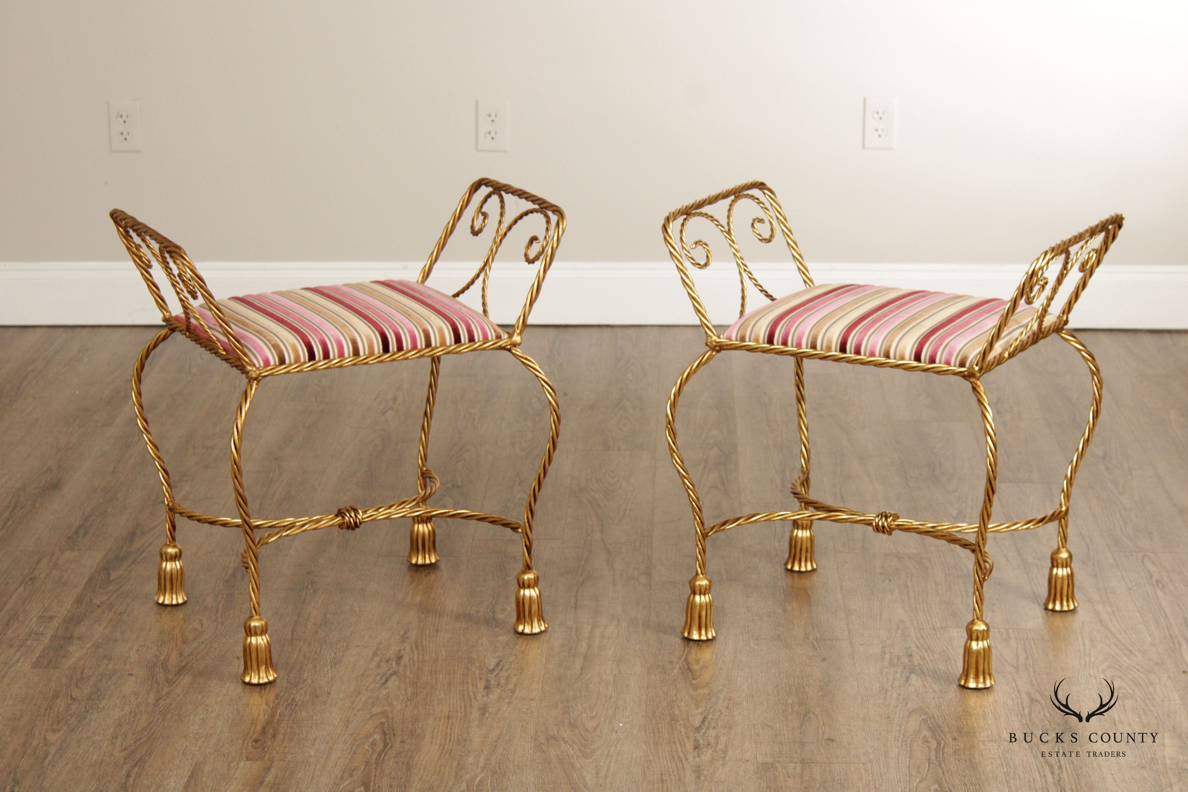 Italian Hollywood Regency Pair of Gilt Metal Rope Twist Benches