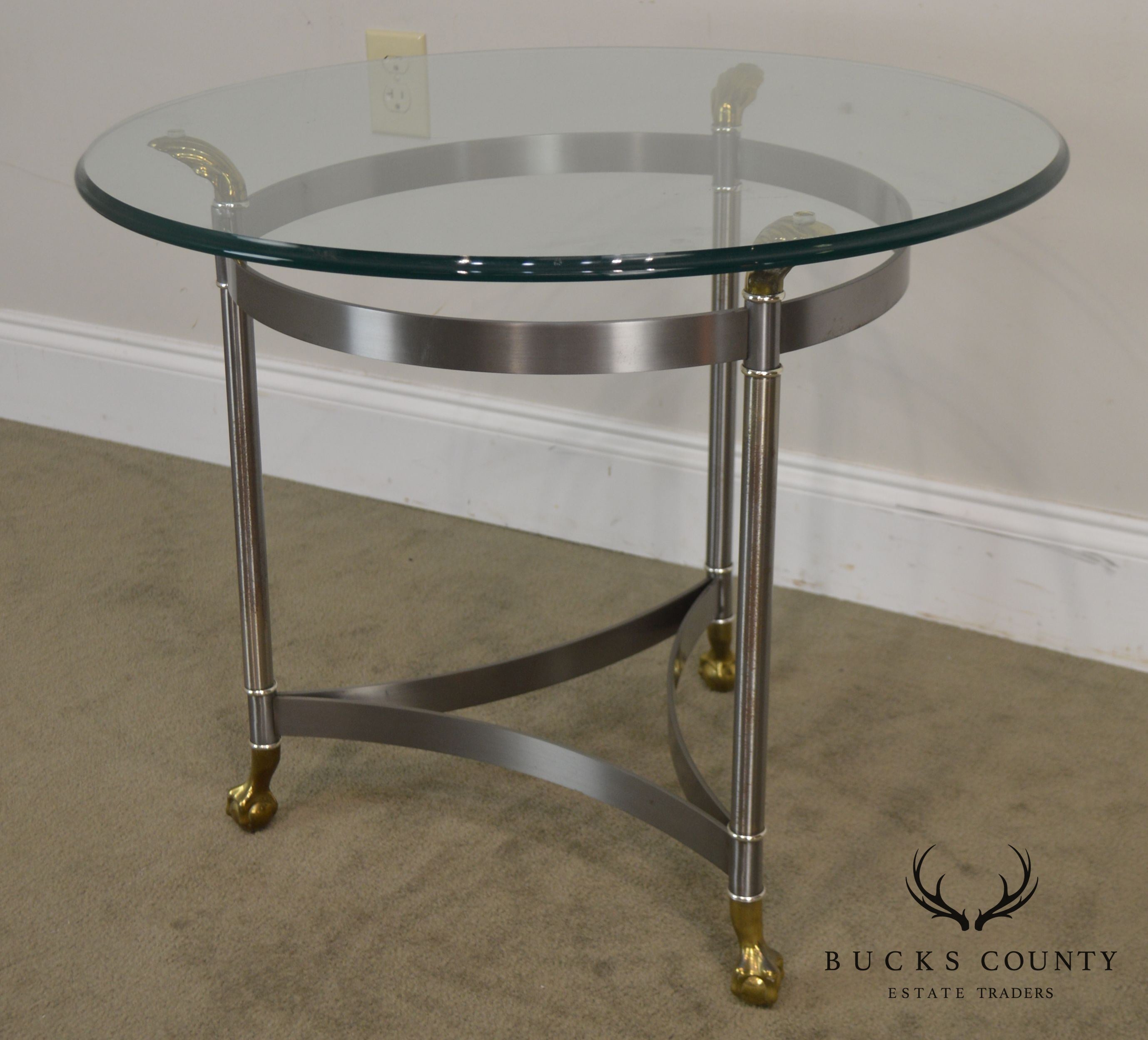 Directoire Style Brushed Steel & Brass Round Glass Top Side Table