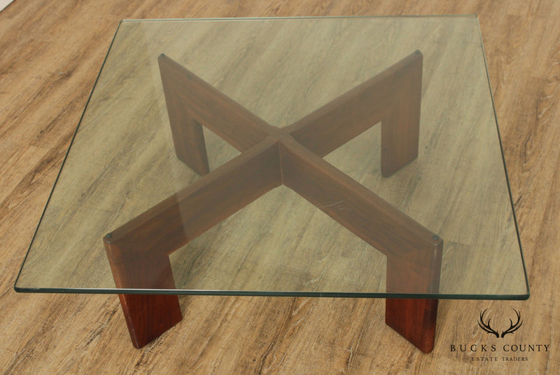 Mid Century Modern Walnut Base Glass Top Coffee Table