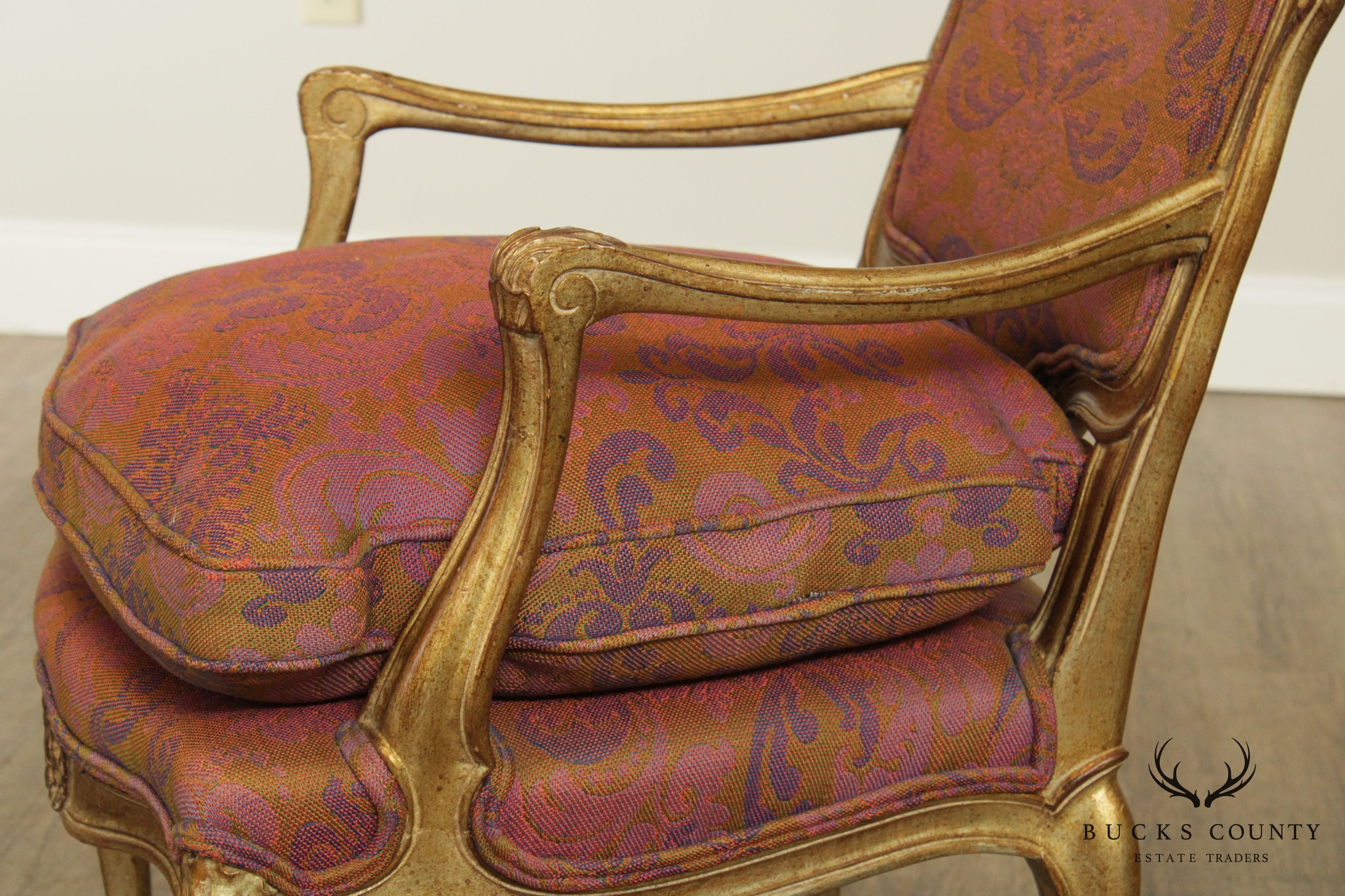 Hollywood Regency French Louis XV Style Vintage Gilt Wood Frame Pair Fauteuil Armchairs