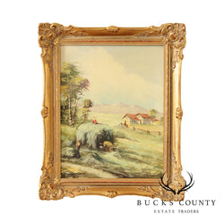 Vintage European Haystack Farm Landscape Painting