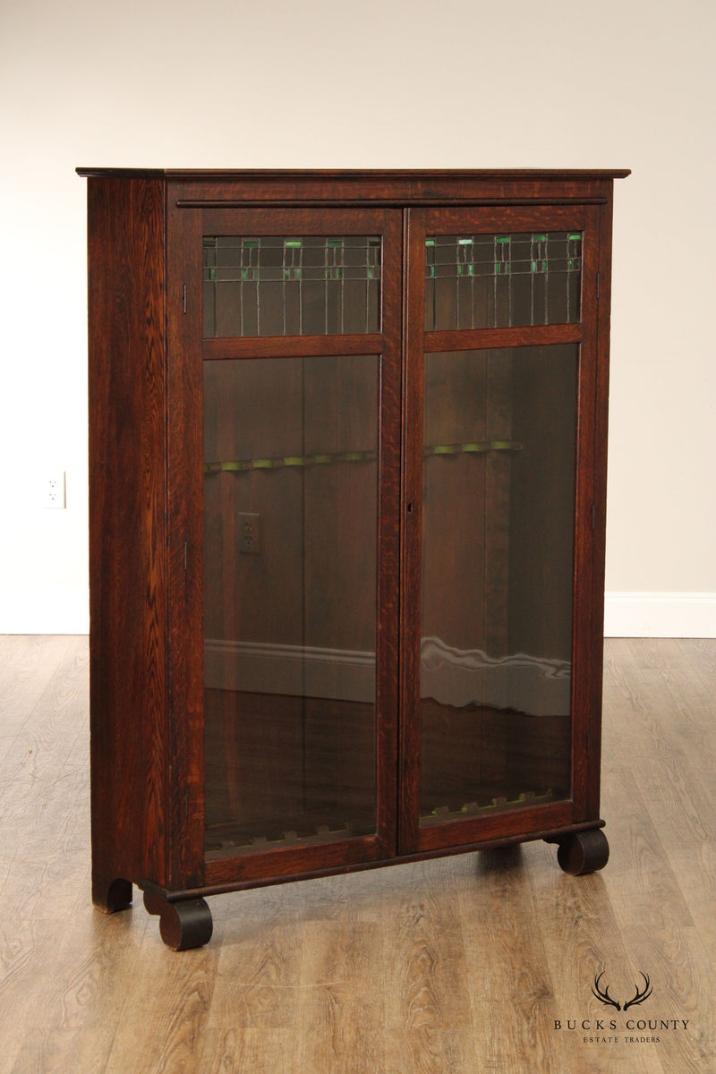 Larkin Arts & Crafts Antique Oak and Leaded Glass Bookcase Gun Cabinet