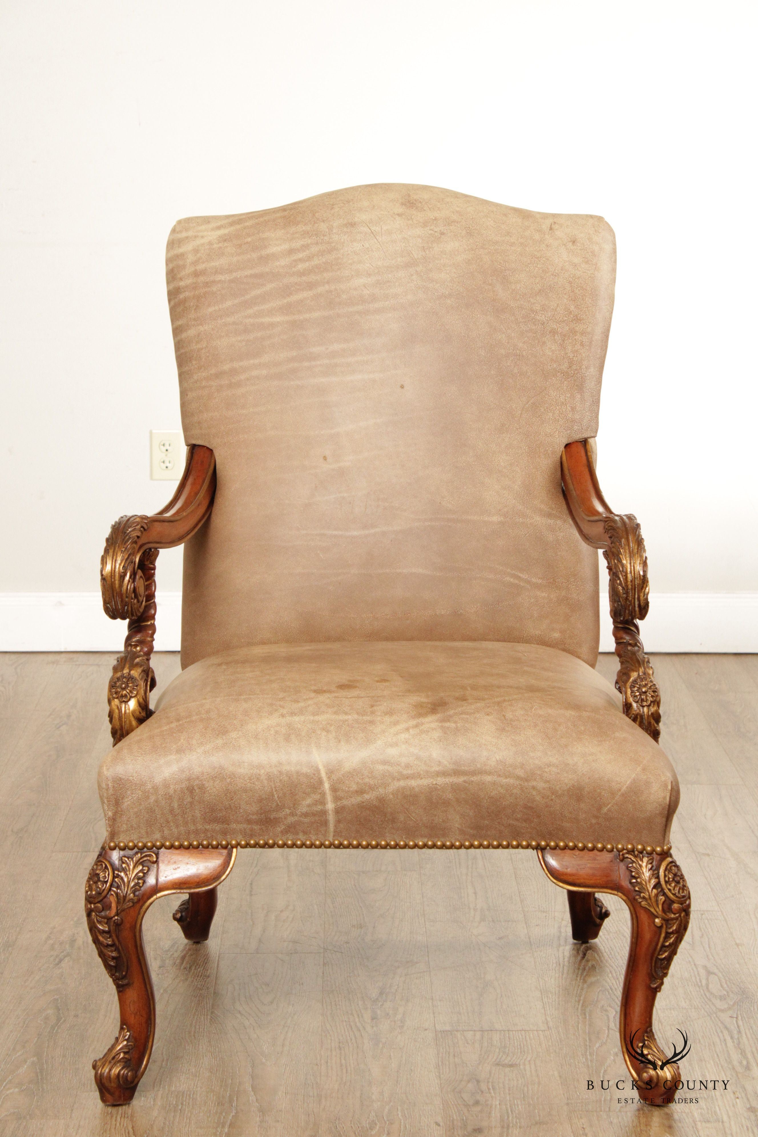 Italian Rococo Style Leather and Partial Gilt Armchair