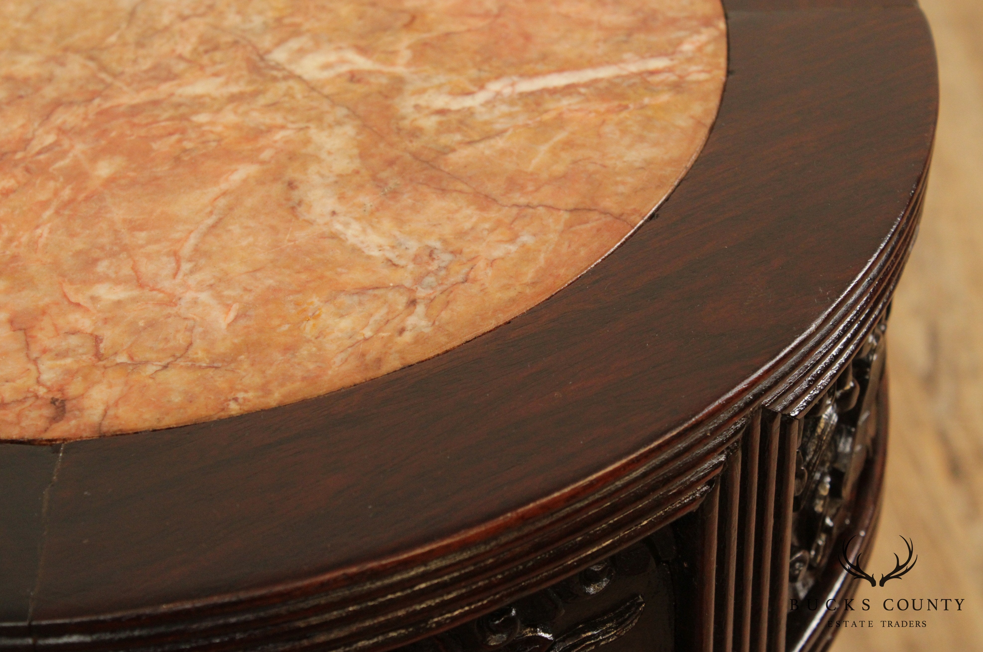 Vintage Carved Asian Round Marble Top Side Table