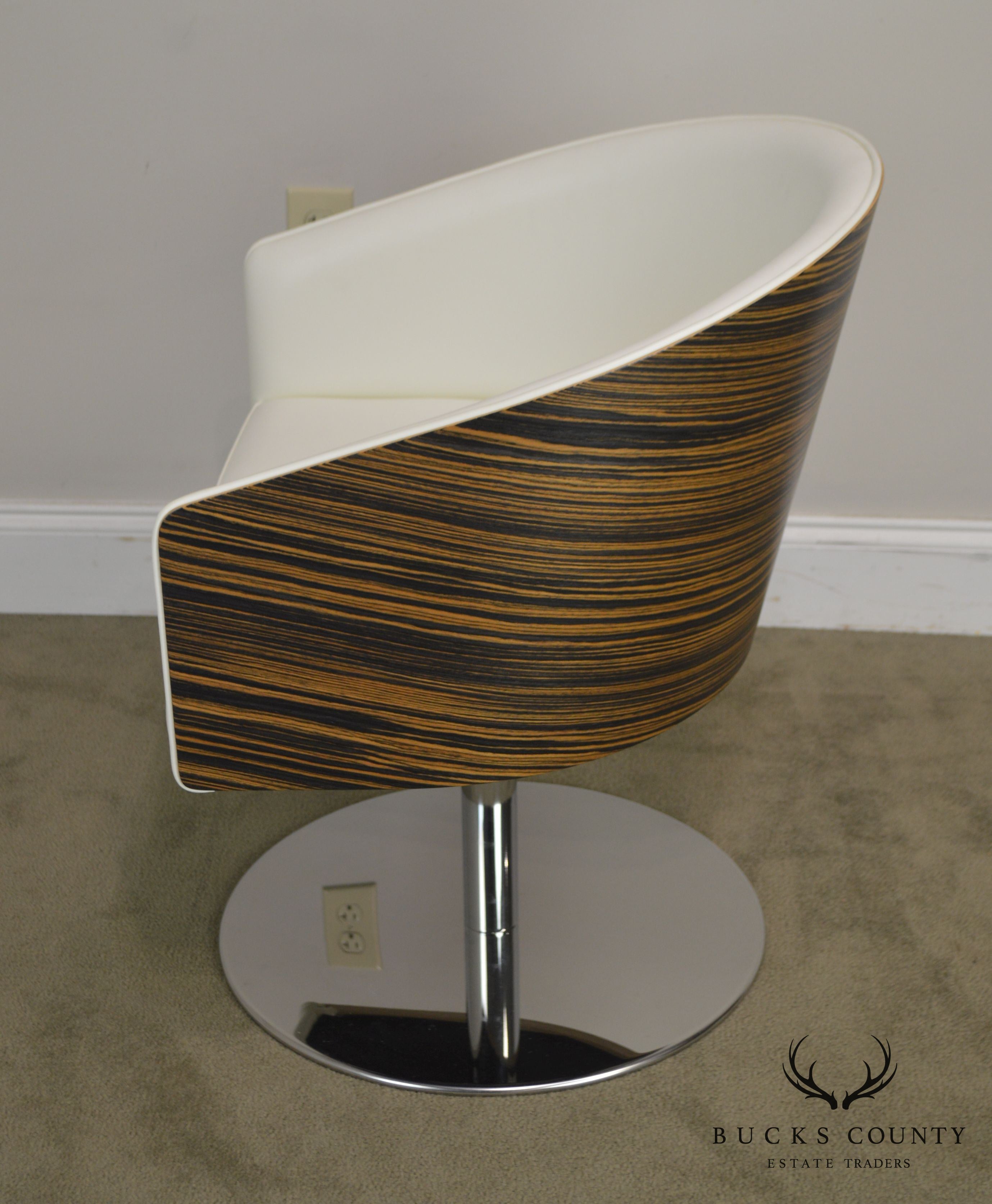 White Leather & Zebra Wood Barrel Back Chrome Pedestal Swivel Lounge Chair