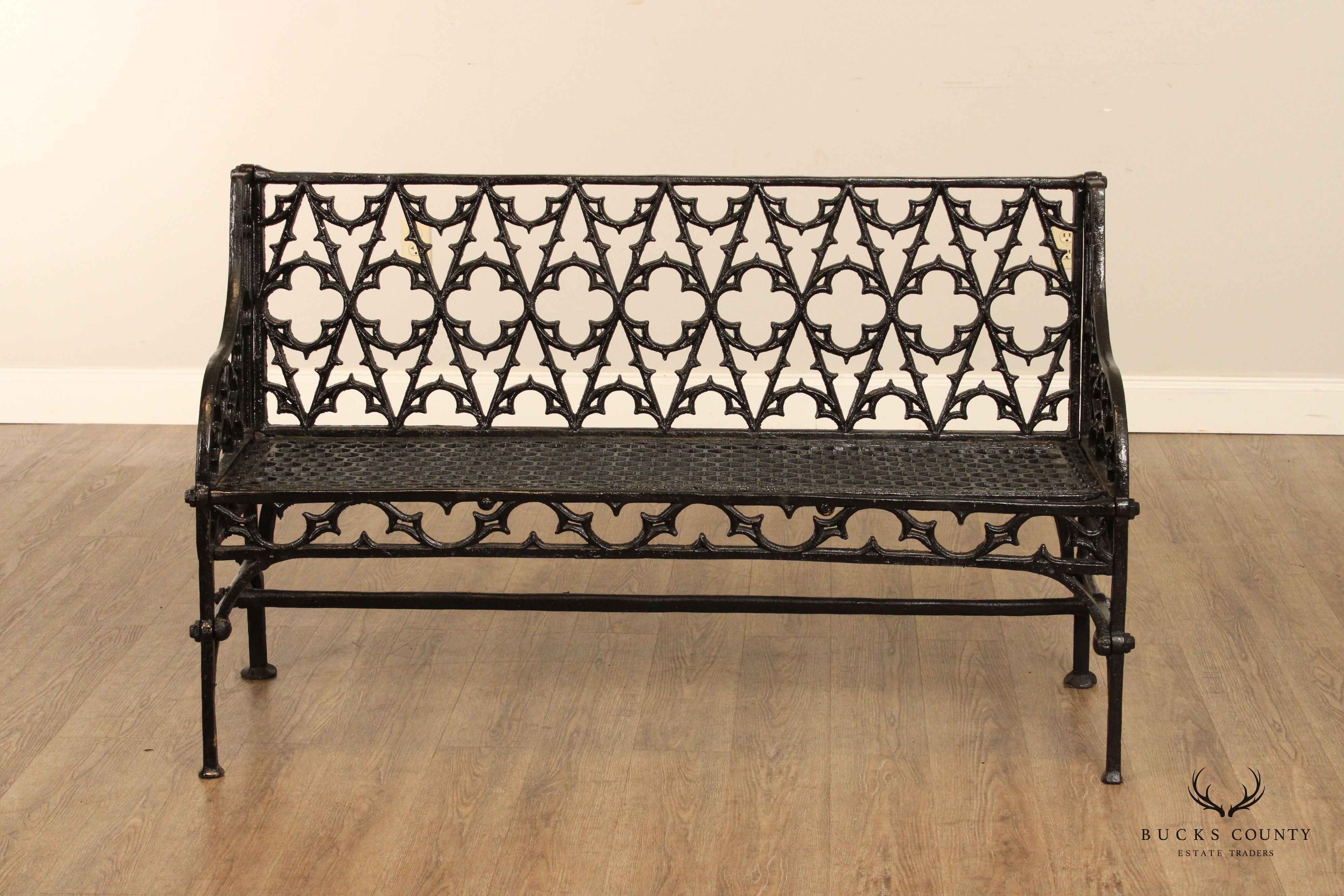 Gothic Revival Style Quality Pair of Cast Iron Outdoor Garden Benches