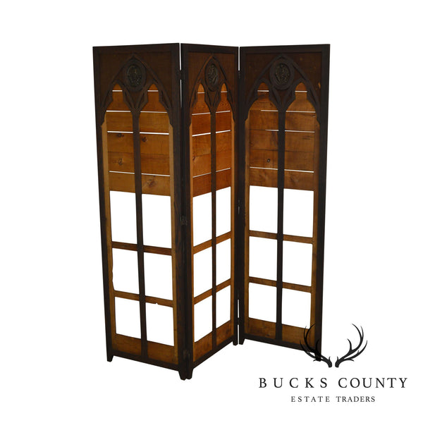 Gothic Renaissance Revival Antique Oak Folding Screen with Bronze Plaques
