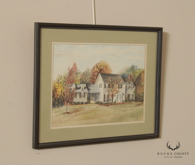 Vintage 20th C. New England House in Autumn Original Watercolor, Signed