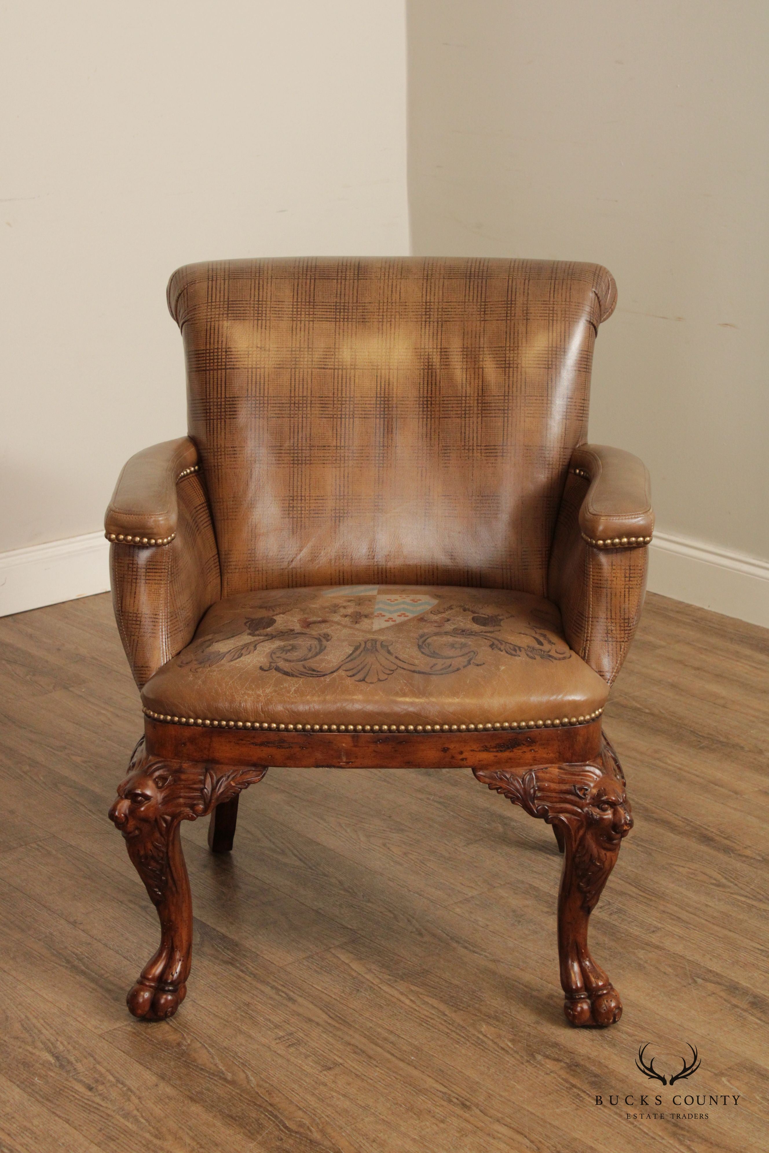 Ferguson Copeland Georgian Style Carved Wood and Tooled Leather Armchair