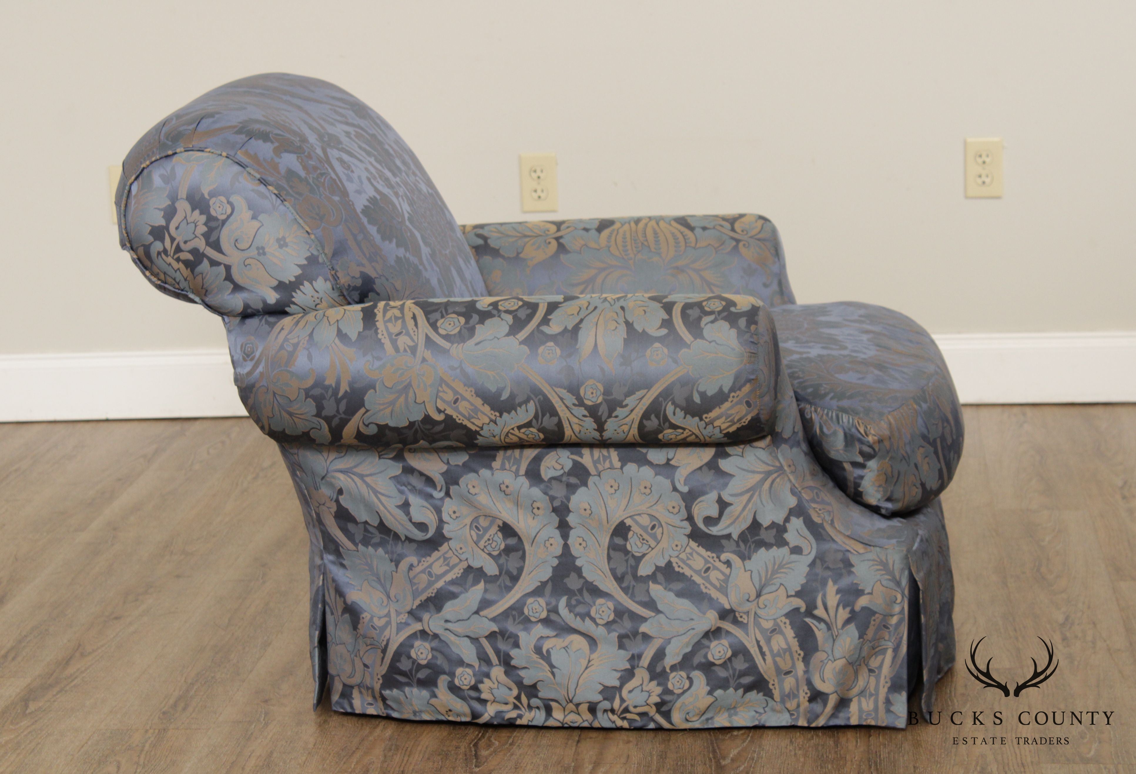 Custom Blue Damask Upholstered Living Room Chair