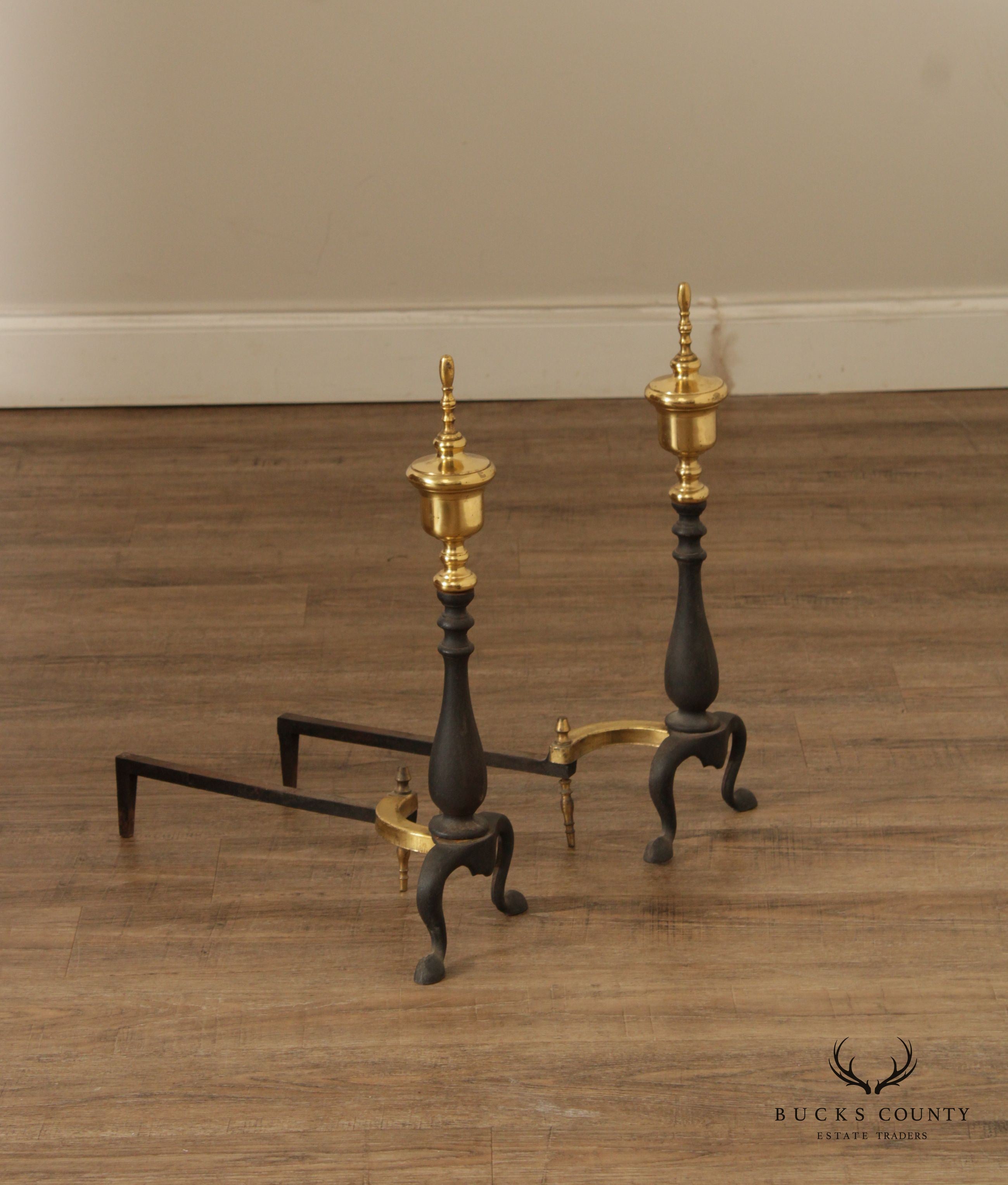 Federal Style Brass and Cast Iron Pair of Andirons