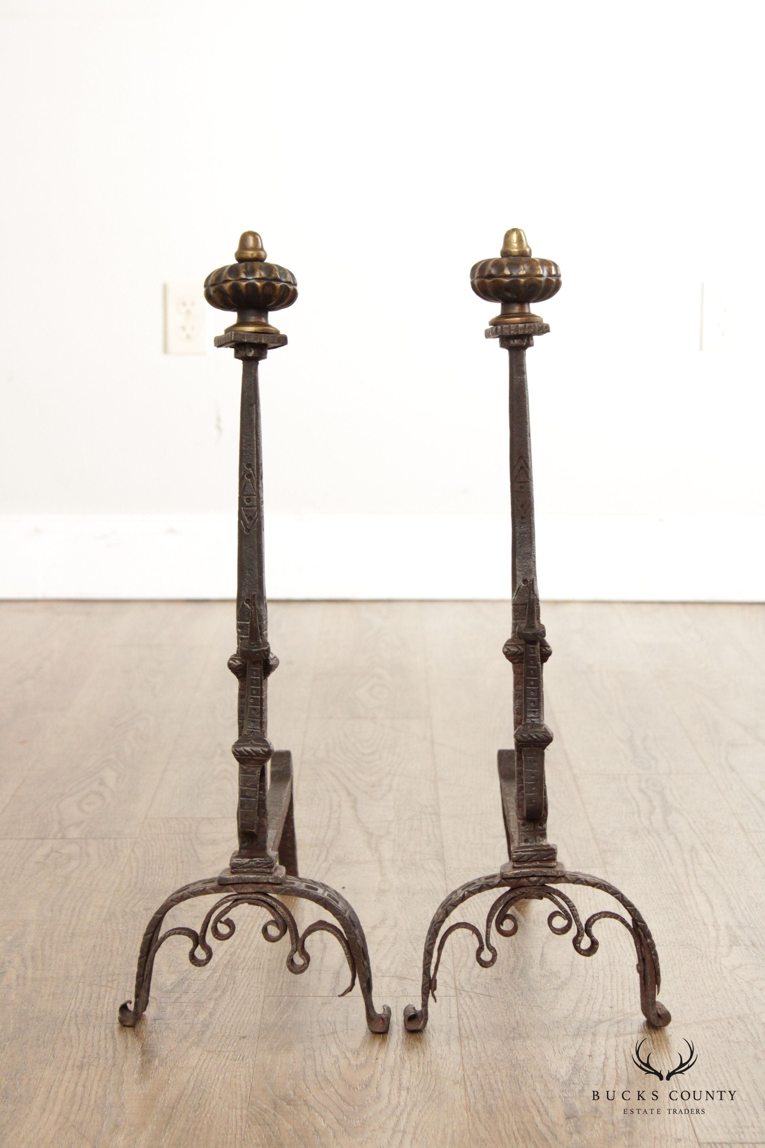 Antique English Pair of Aesthetic Wrought Iron and Brass Fireplace Andirons