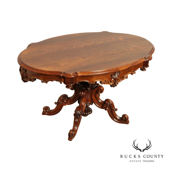 Antique Rococo Revival Oval Carved Rosewood Pedestal Center Table