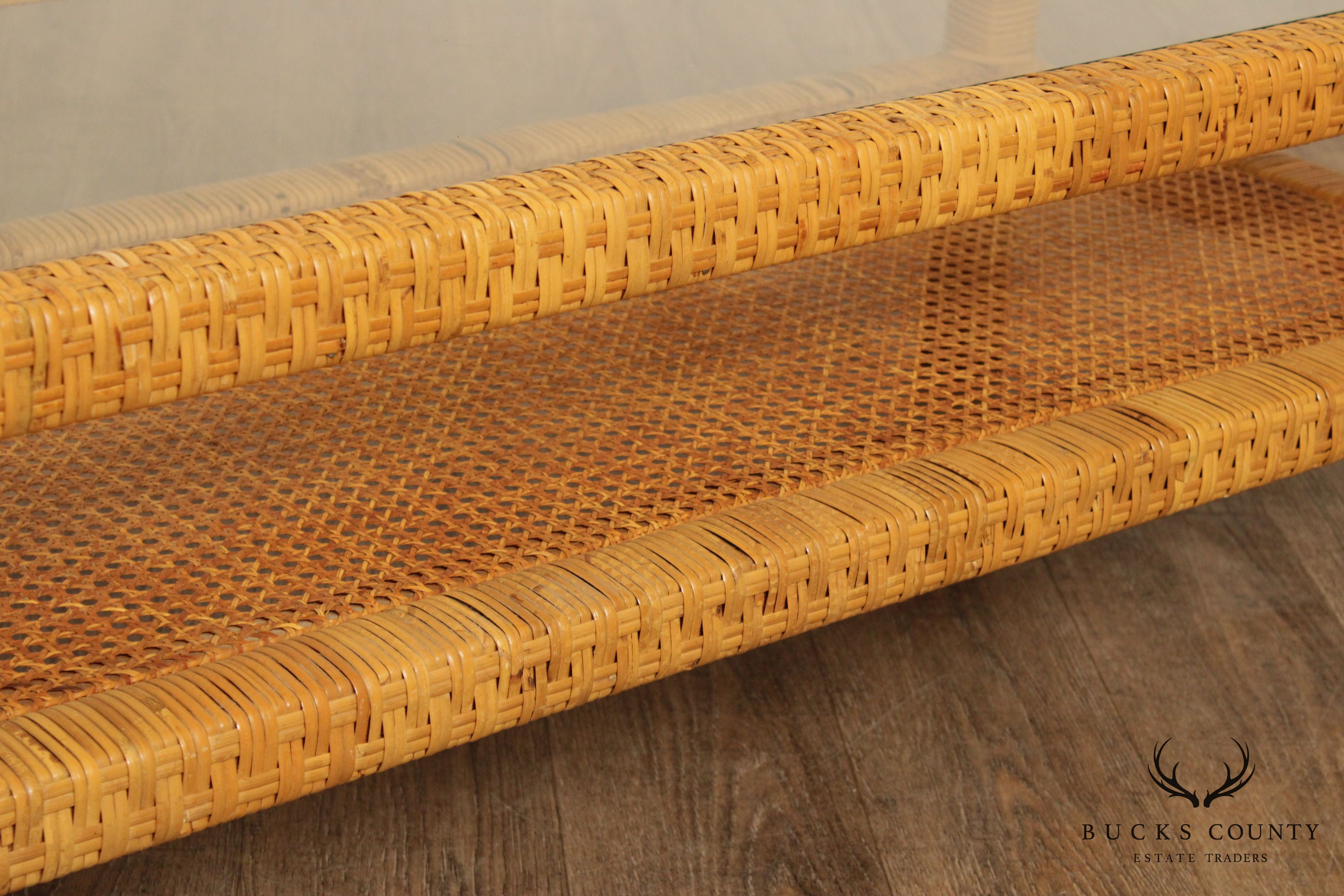 Vintage Wicker Rattan Glass Top Coffee Table