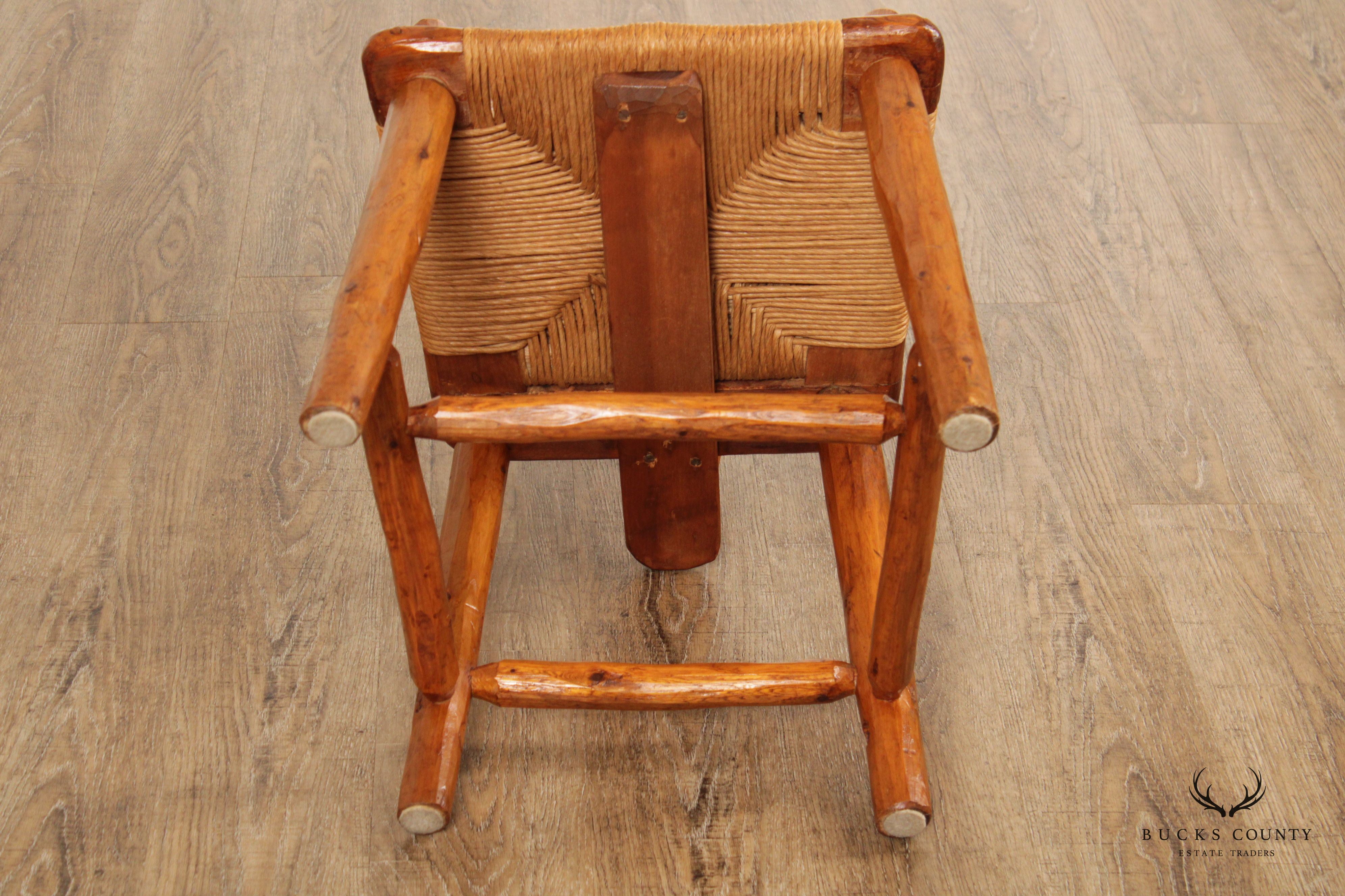 Vintage Rustic Pine Wood and Rush Seat Side Chairs