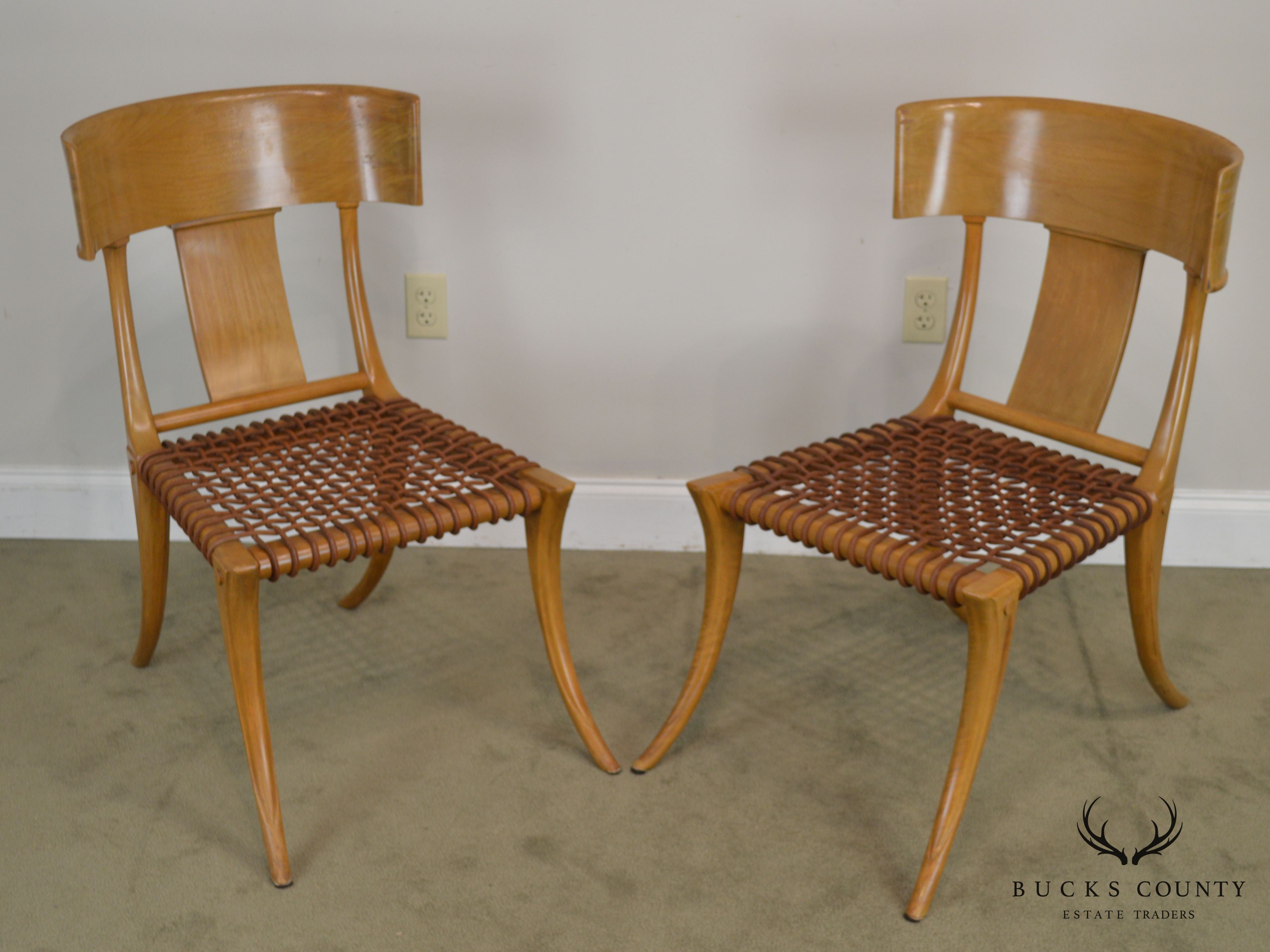 T. H. Robsjohn Gibbings Saridis of Athens Walnut & Leather Pair Klismos Chairs