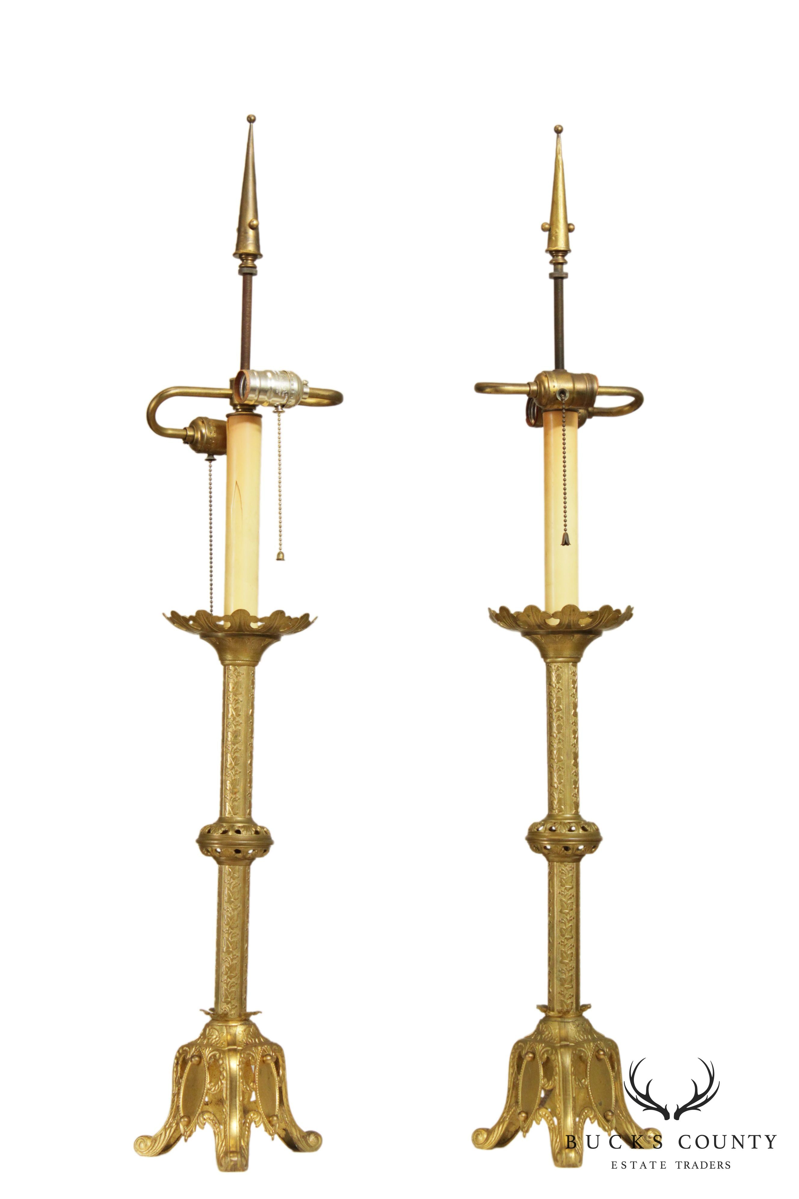 Gothic Revival Antique Aesthetic Brass Pair Converted Candlesticks Lamps