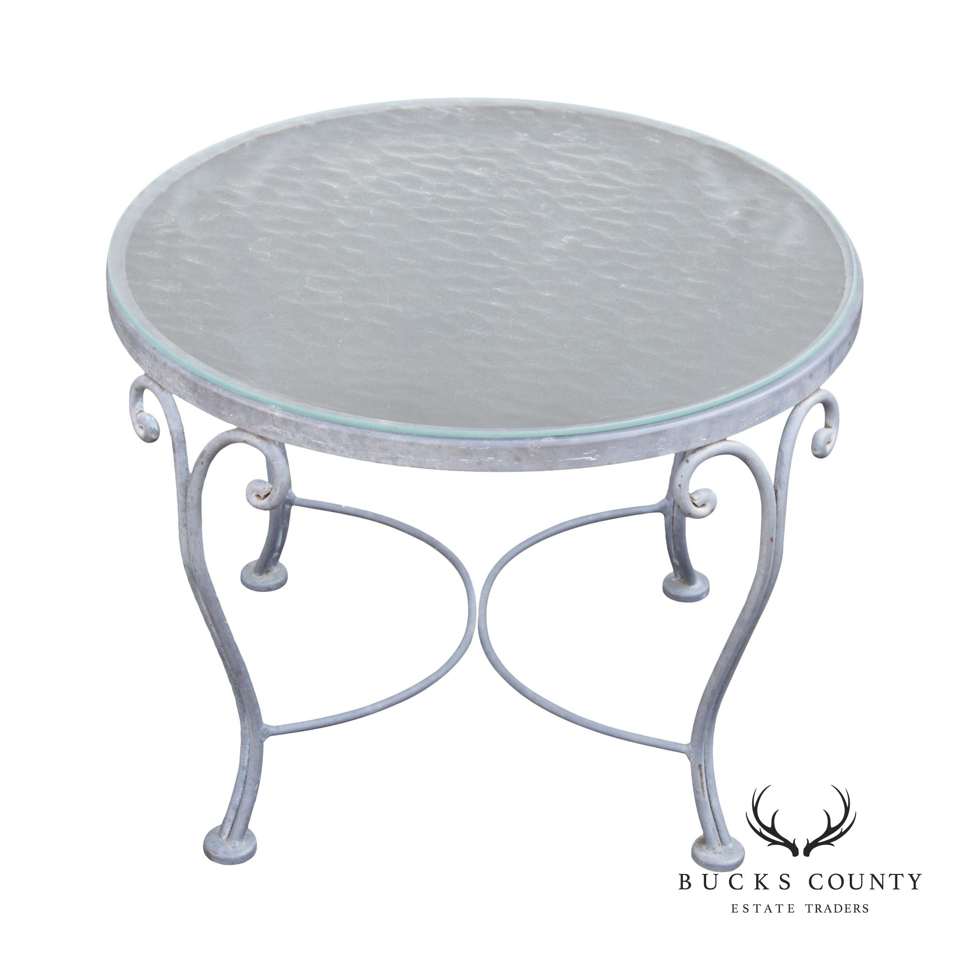 French Style Vintage Scrolled Wrought Iron Round Glass Top Outdoor Cocktail Table