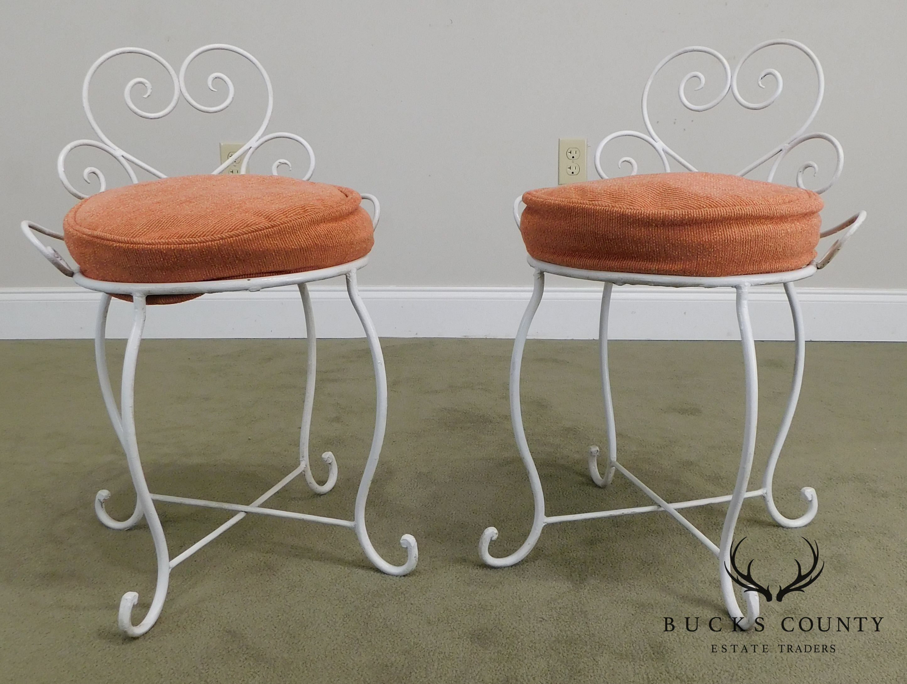 Wrought Iron Pair White Painted Small Garden Stools