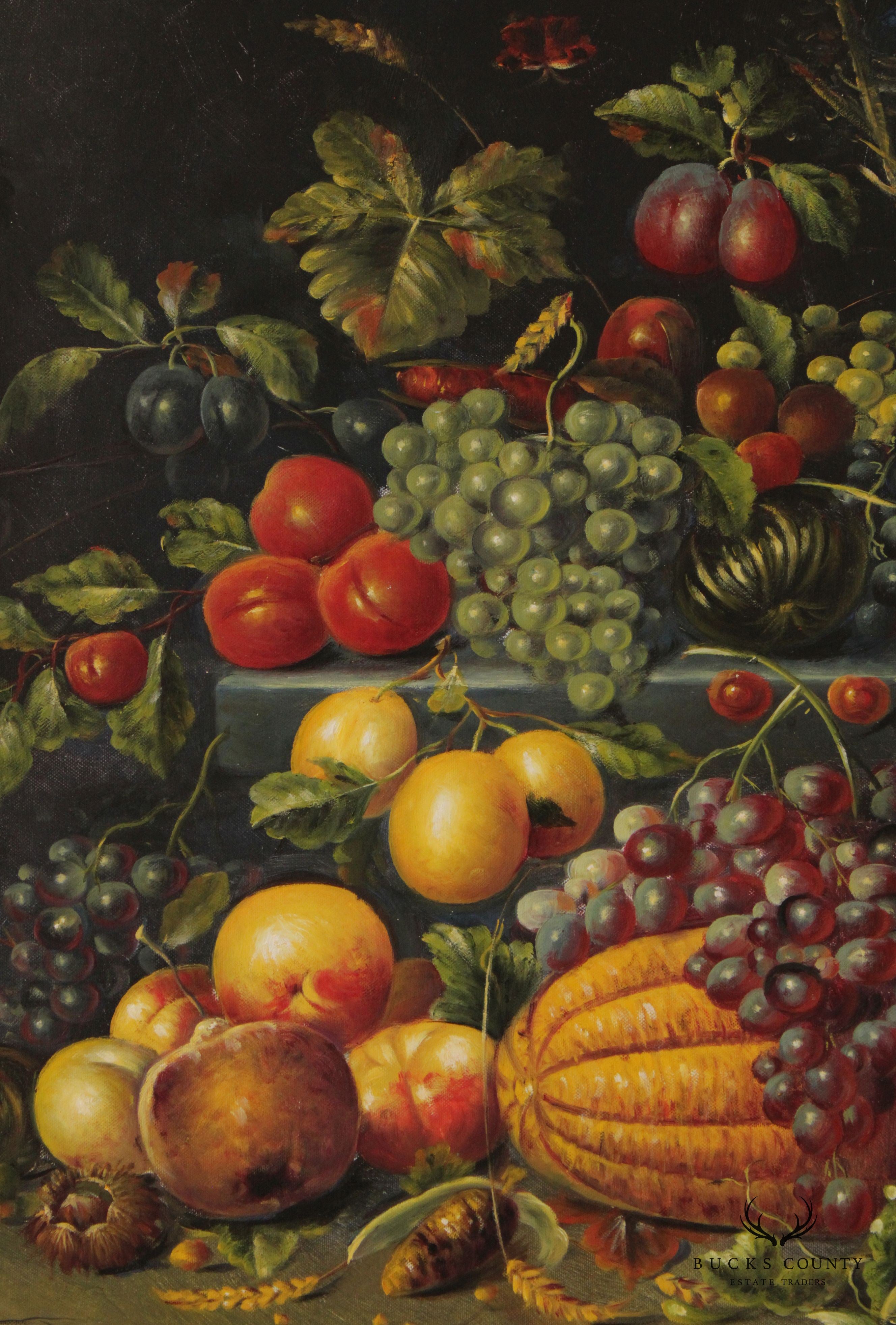 Vintage 20th C. Baroque Style Fruit Still Life Oil Painting, Signed 'T. Barron'