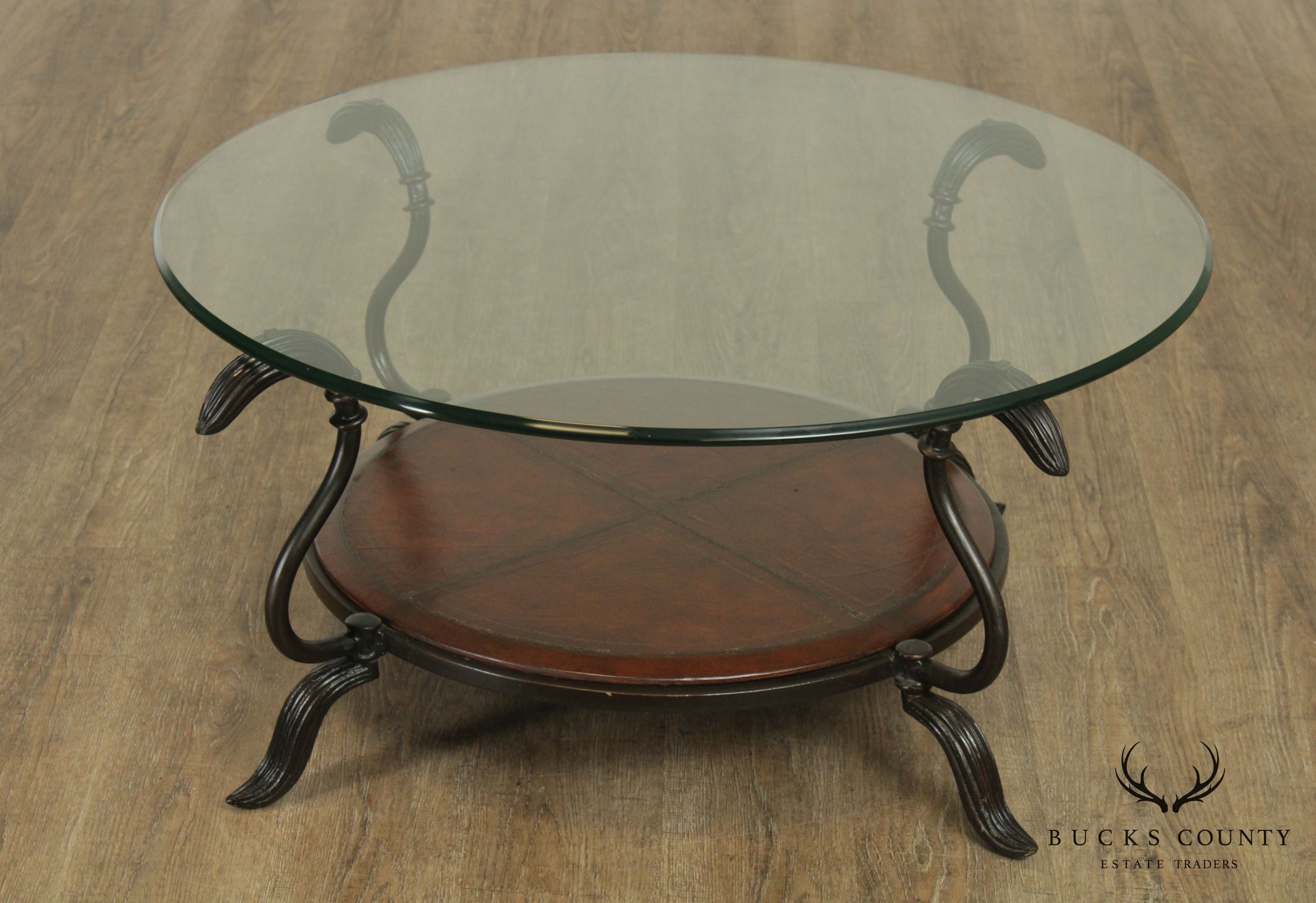 LaBarge Round Glass Top Wrought Iron Table, Leather Tier