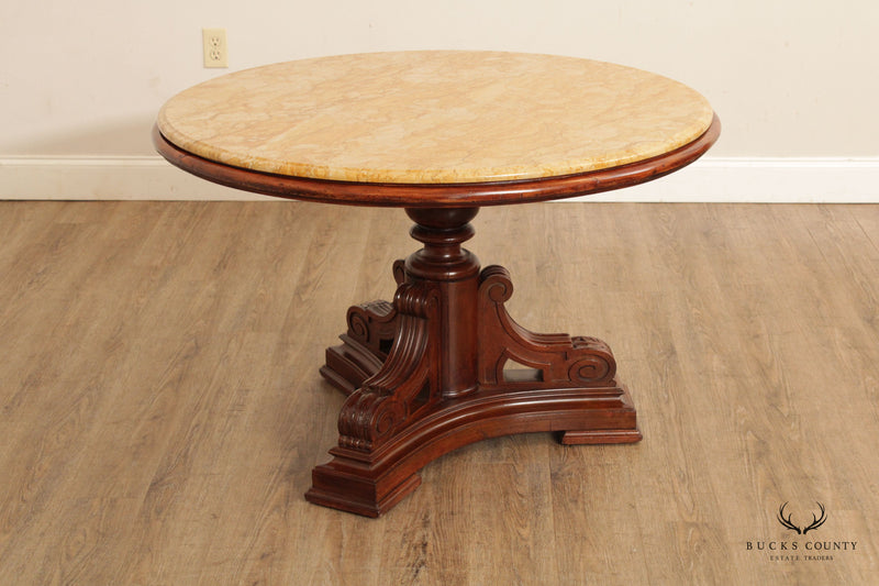 Antique Victorian Carved Walnut 42" Round  Mable Top Center Table