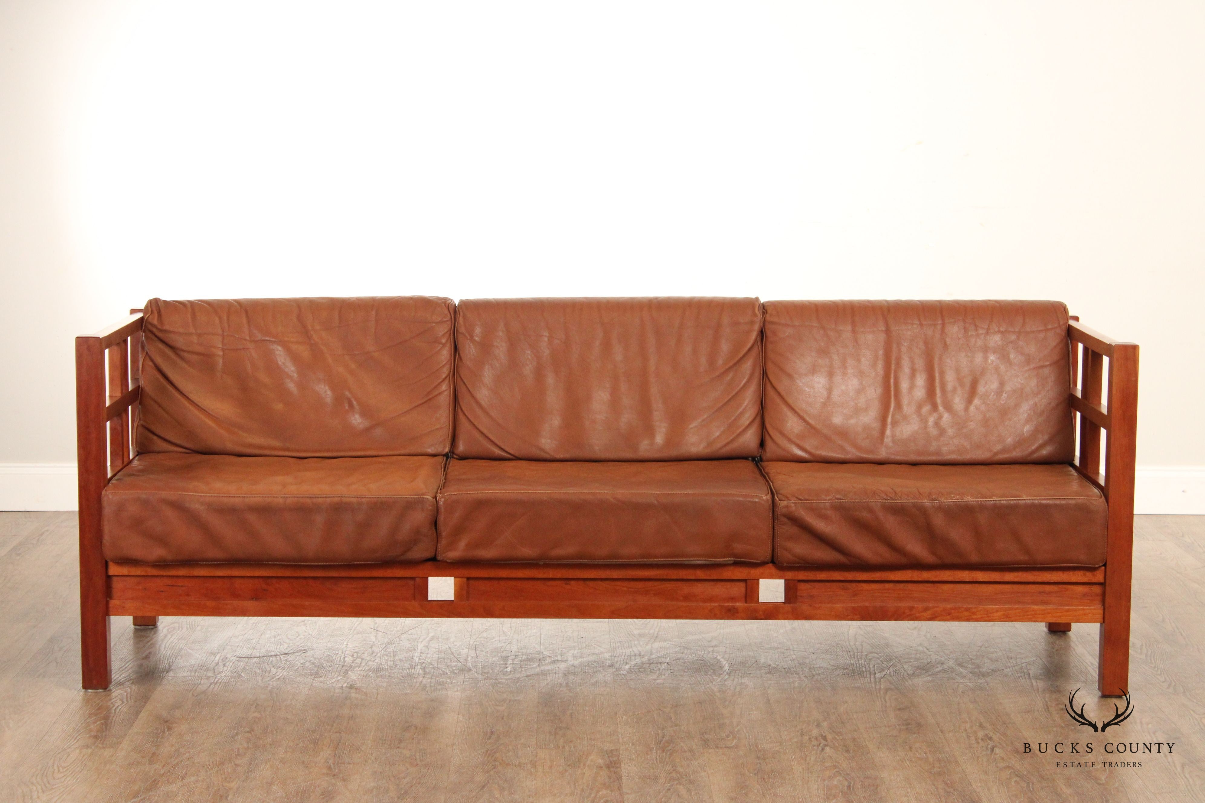 Thomas Moser Windward Cherry and Brown Leather Sofa