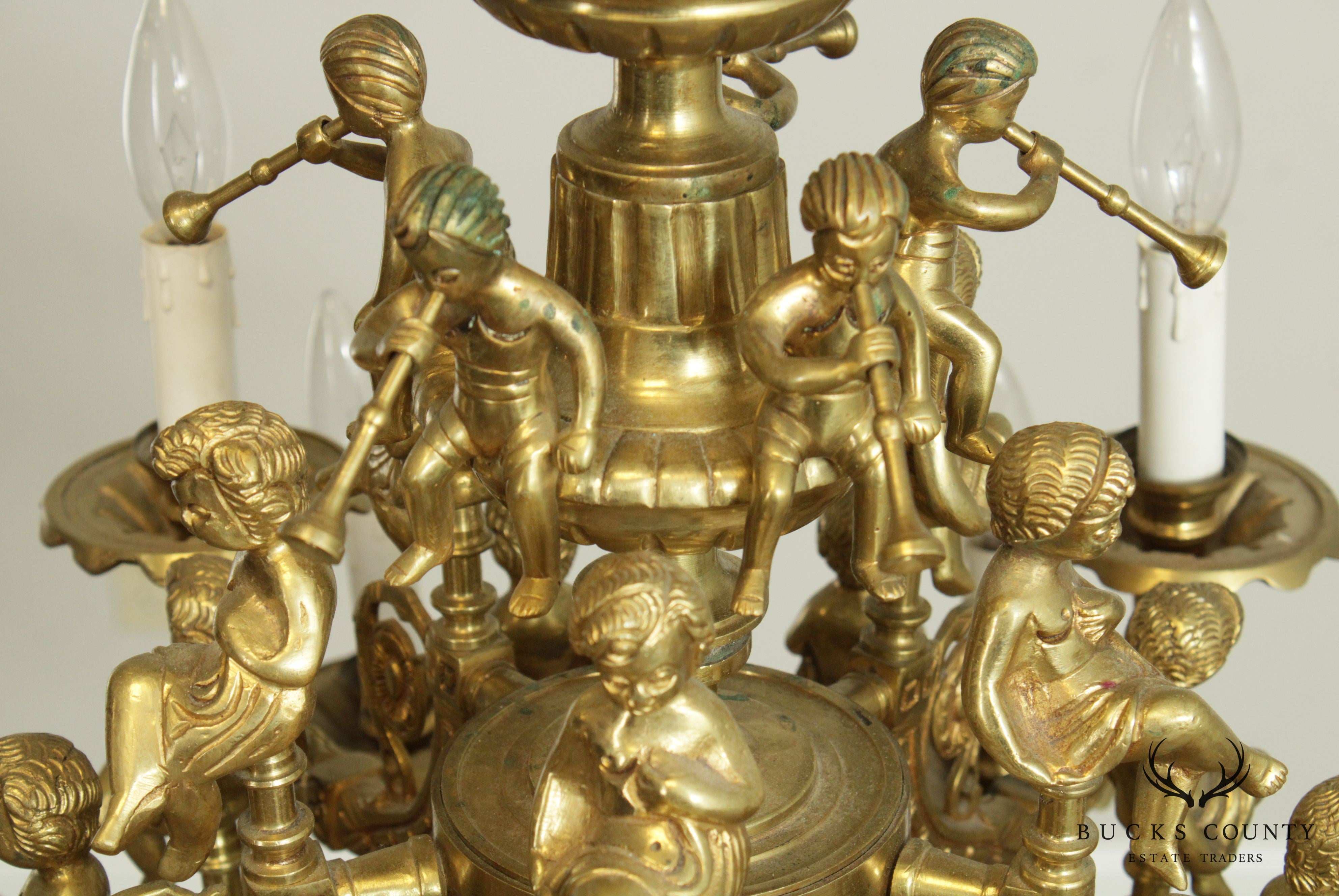 Vintage Rococo Style Heavy Brass  Figural Putti  Chandelier