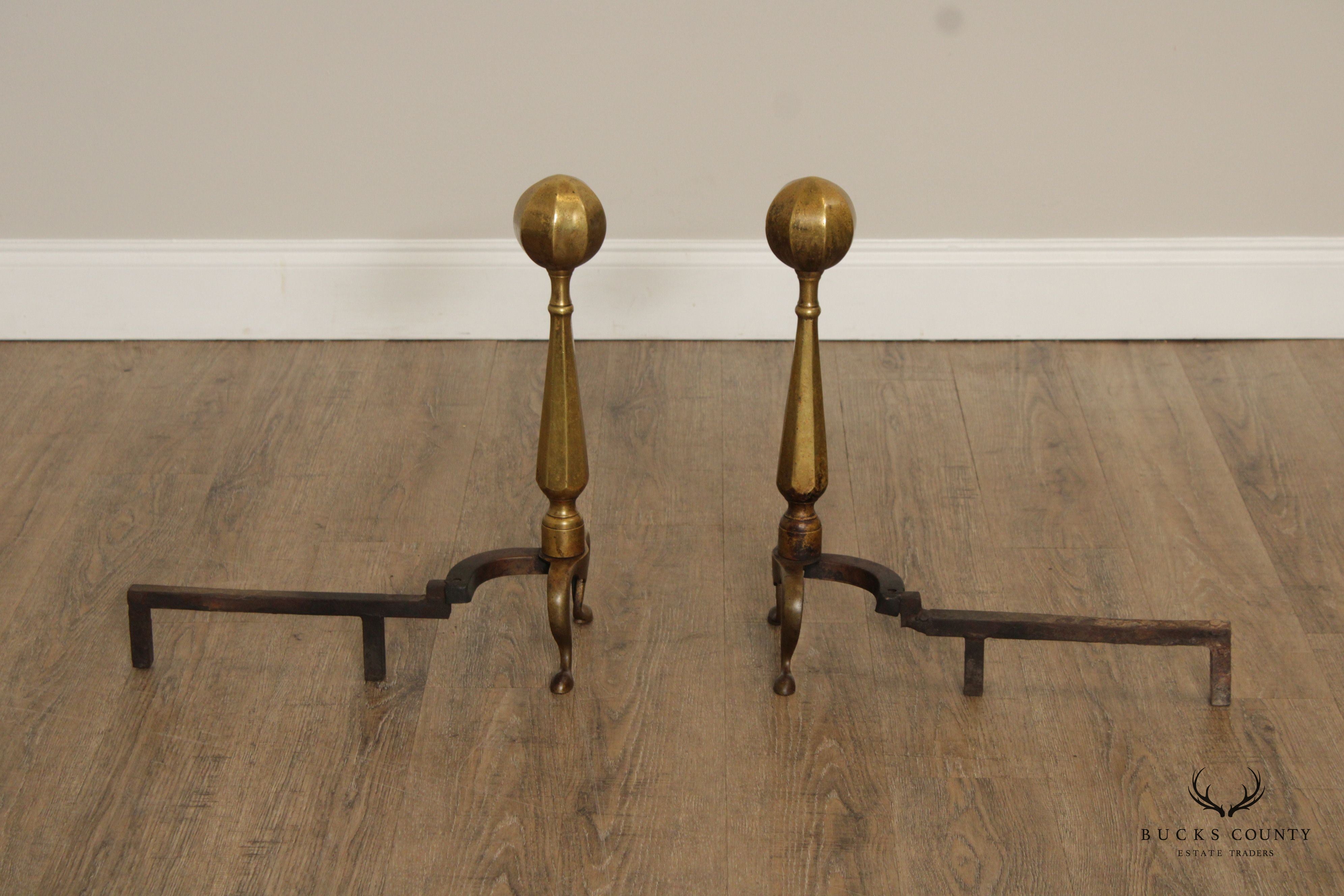 FEDERAL STYLE VINTAGE PAIR OF BRASS ANDIRONS