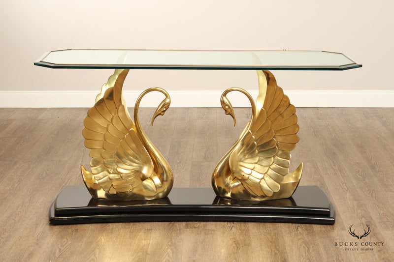 Quality Italian Brass Swan Glass Top Console Table