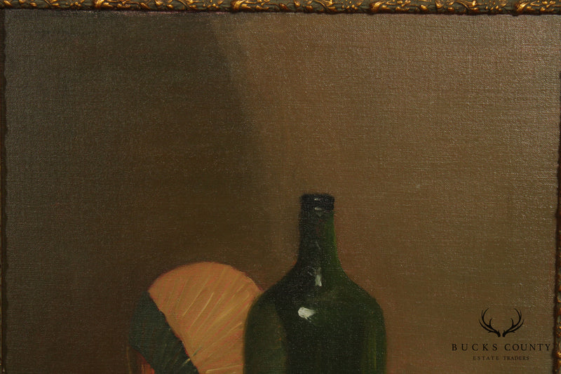 Framed Oil Painting Still Life, Demijohn Bottle, Lemons, Grapes & Rose