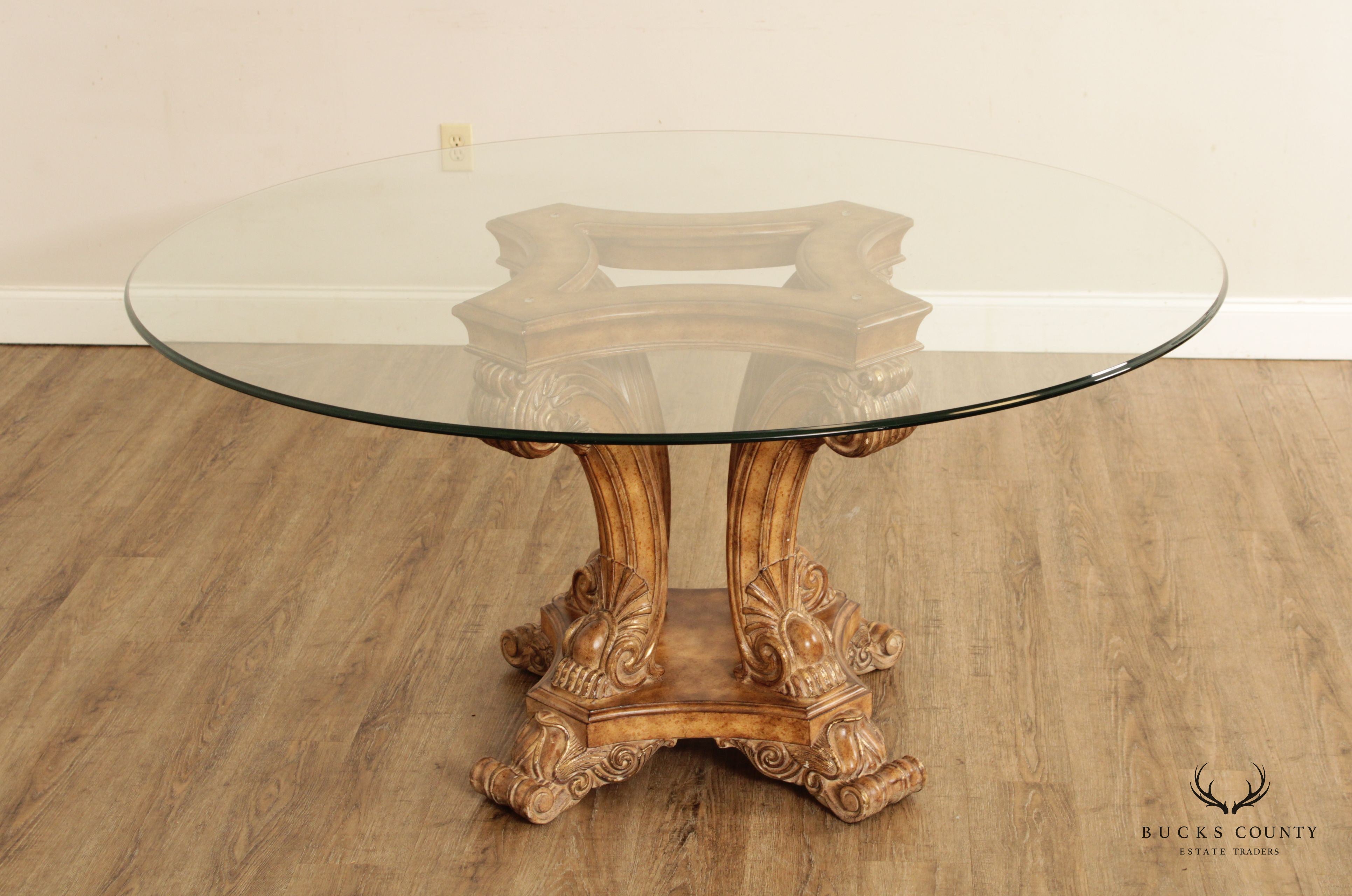 Baroque Style Round Glass Top Pedestal Dining Table