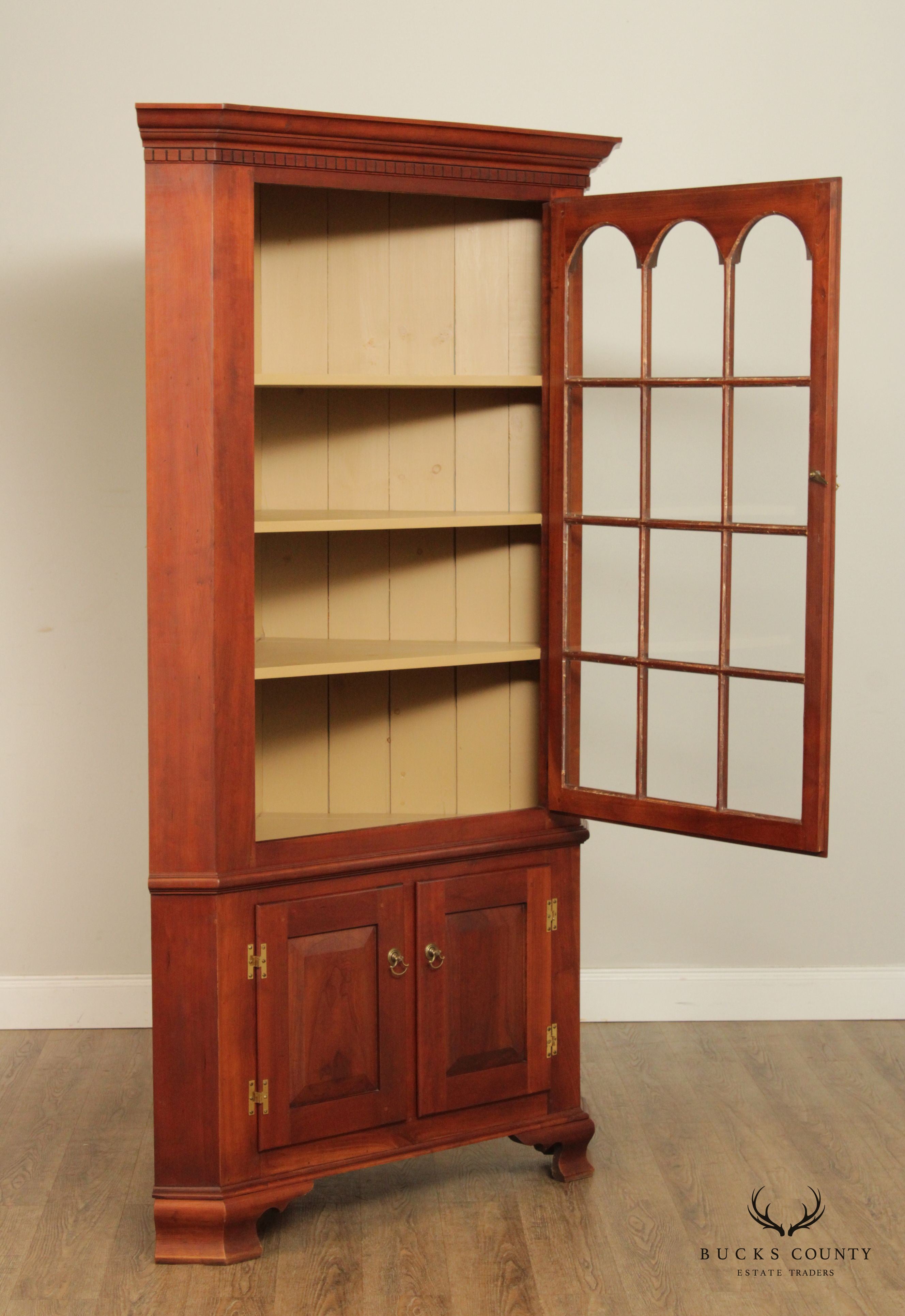 Early American Colonial Style Cherry Illuminated Corner Cabinet