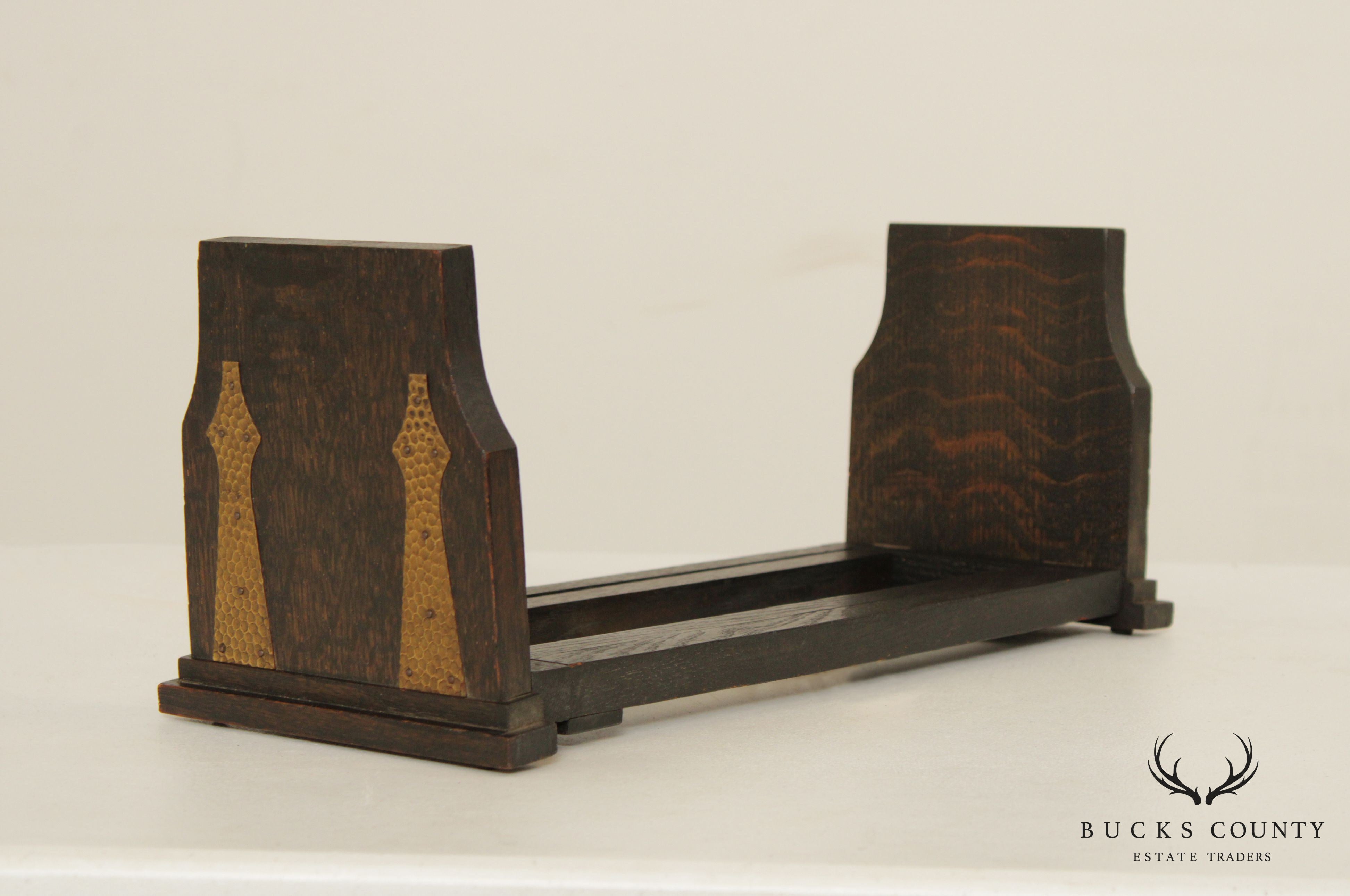 Antique Arts & Crafts Oak & Hammered Brass Bookends