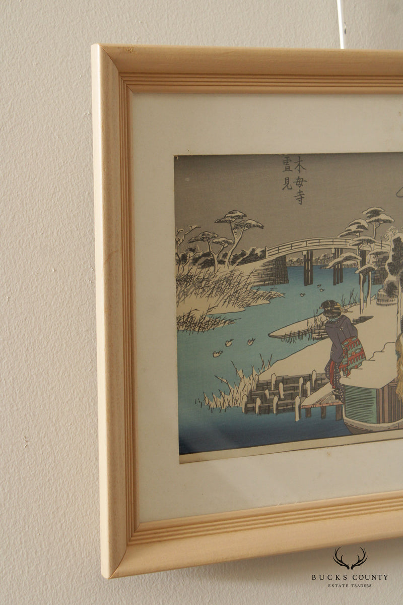 Utagawa Hiroshige Japanese Woodblock Print, 'Snow Viewing at the Uekiya Restaurant at Mokubo Temple'
