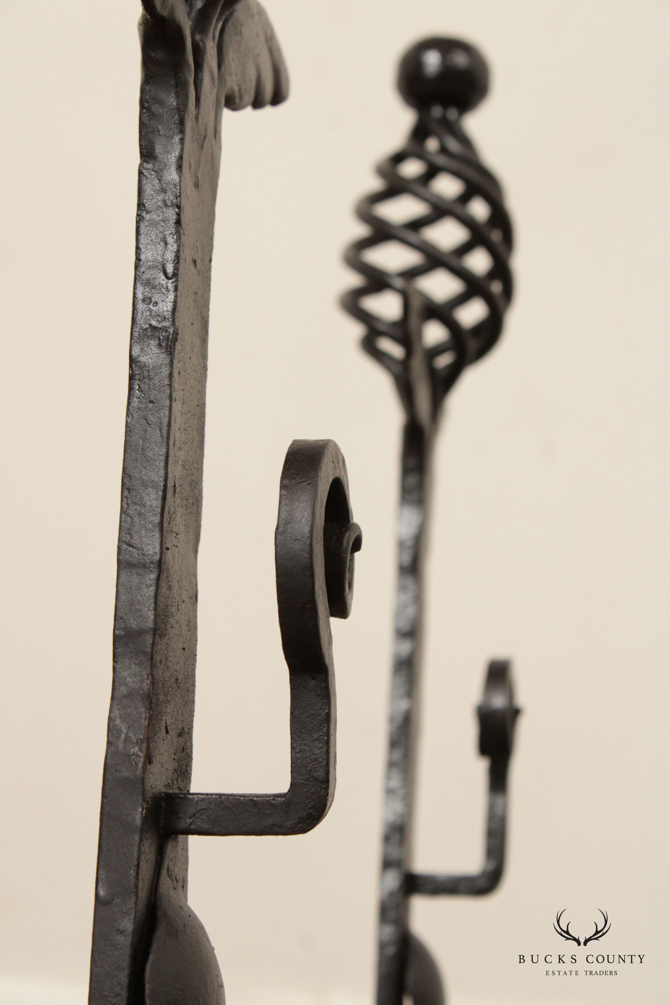 Quality Pair Of Hand Forged Iron Andirons