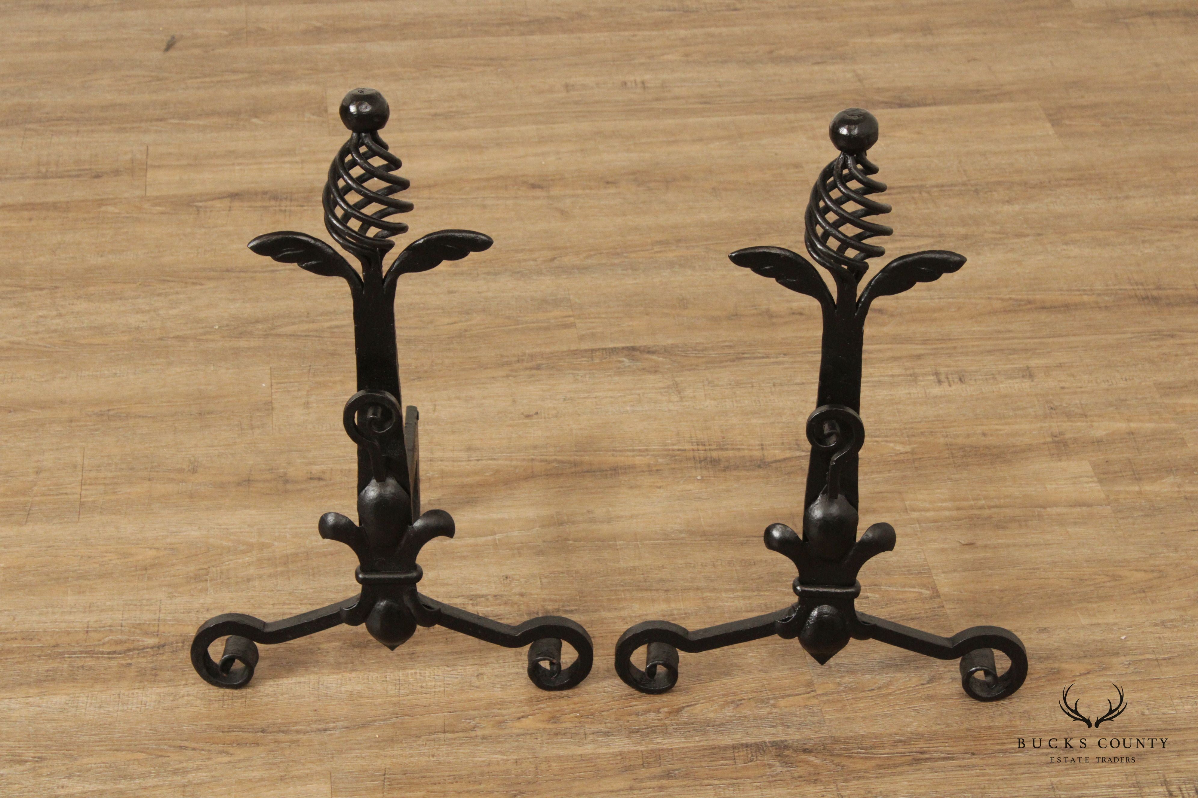 Quality Pair Of Hand Forged Iron Andirons