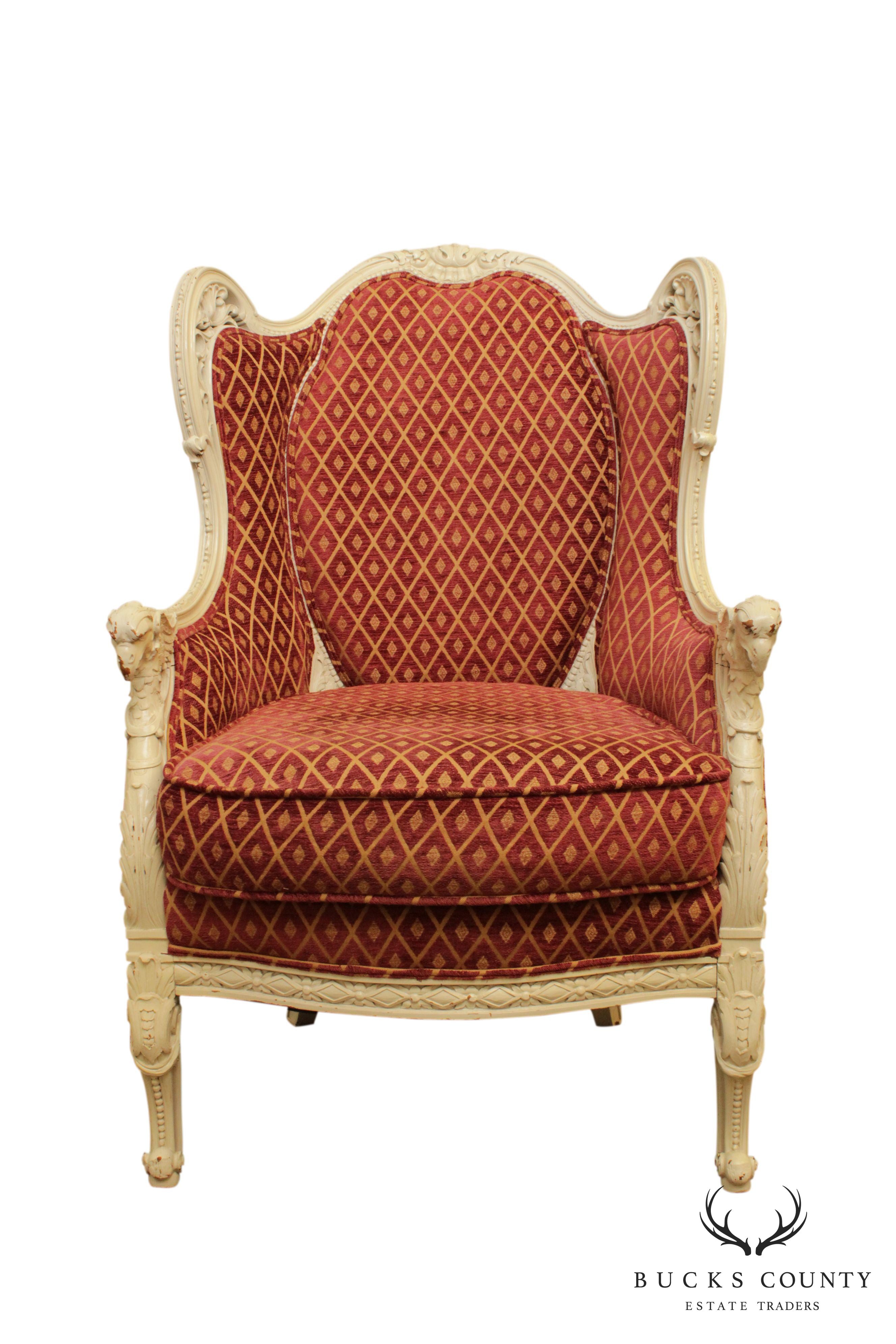 1920's French Louis XV Style Vintage Eagle Carved Bergere Wing Chair