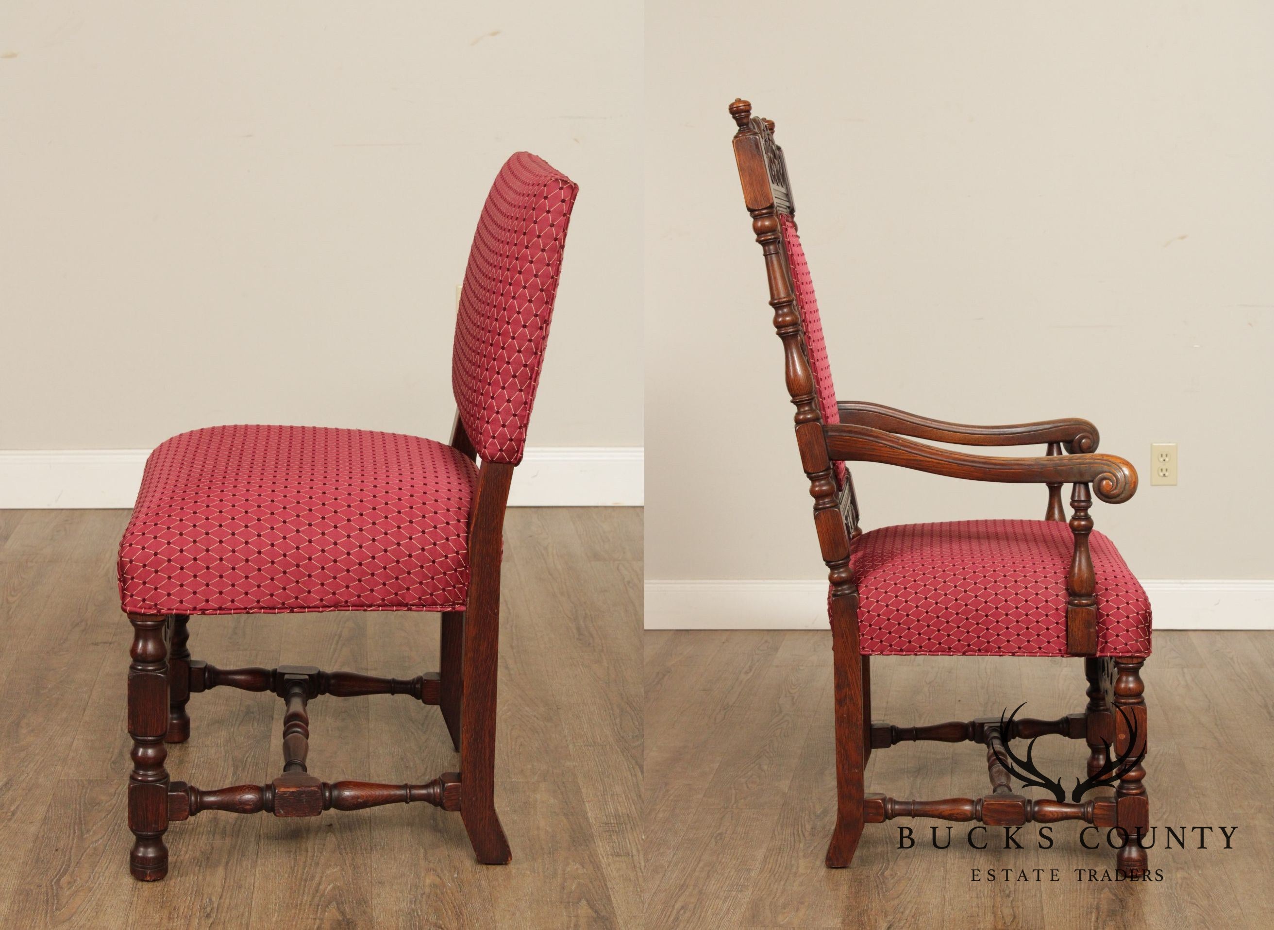 Jacobean Revival Vintage Set 6 Carved Walnut Dining Chairs