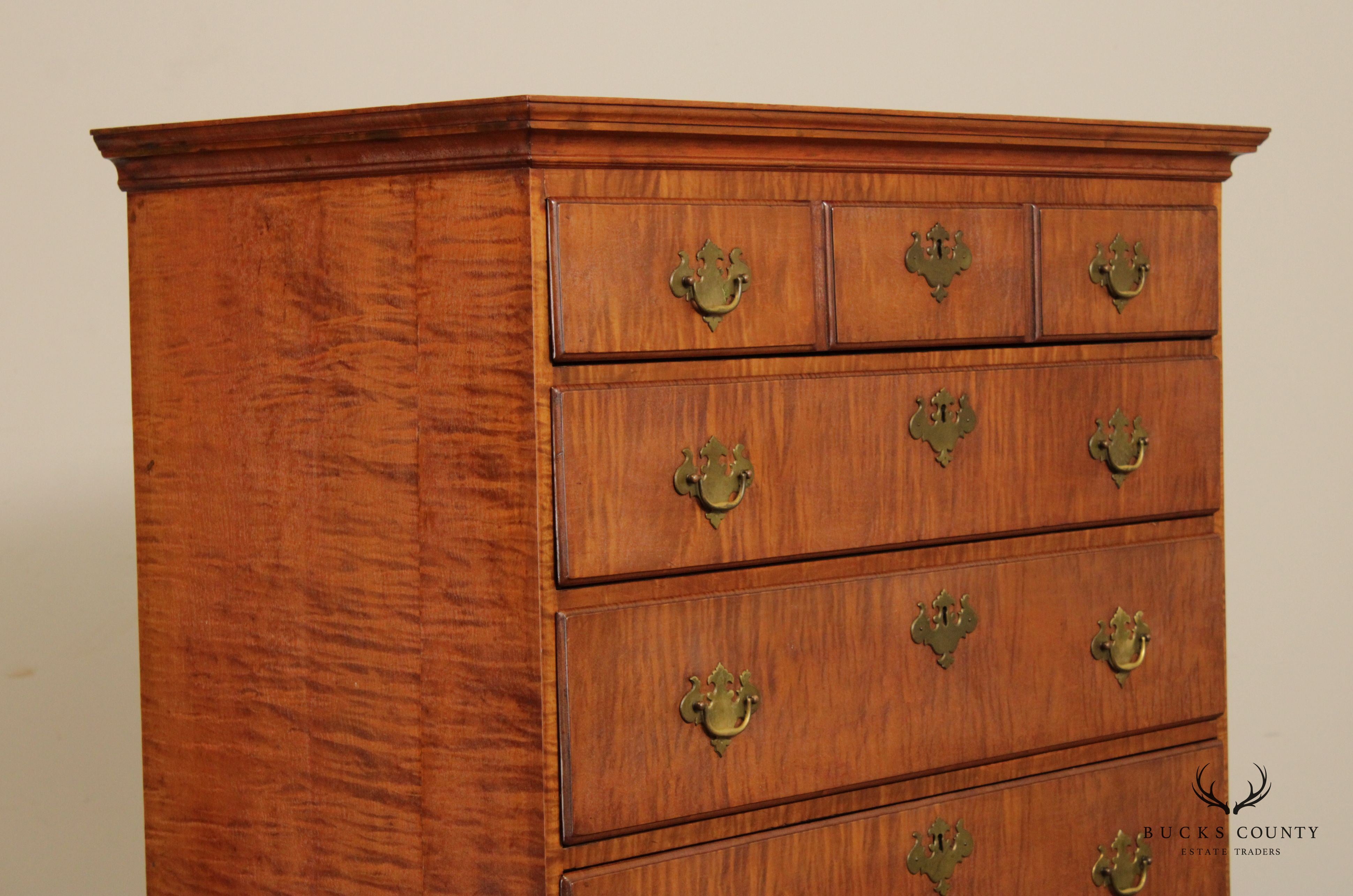 Antique New England Queen Anne Tiger Maple Highboy