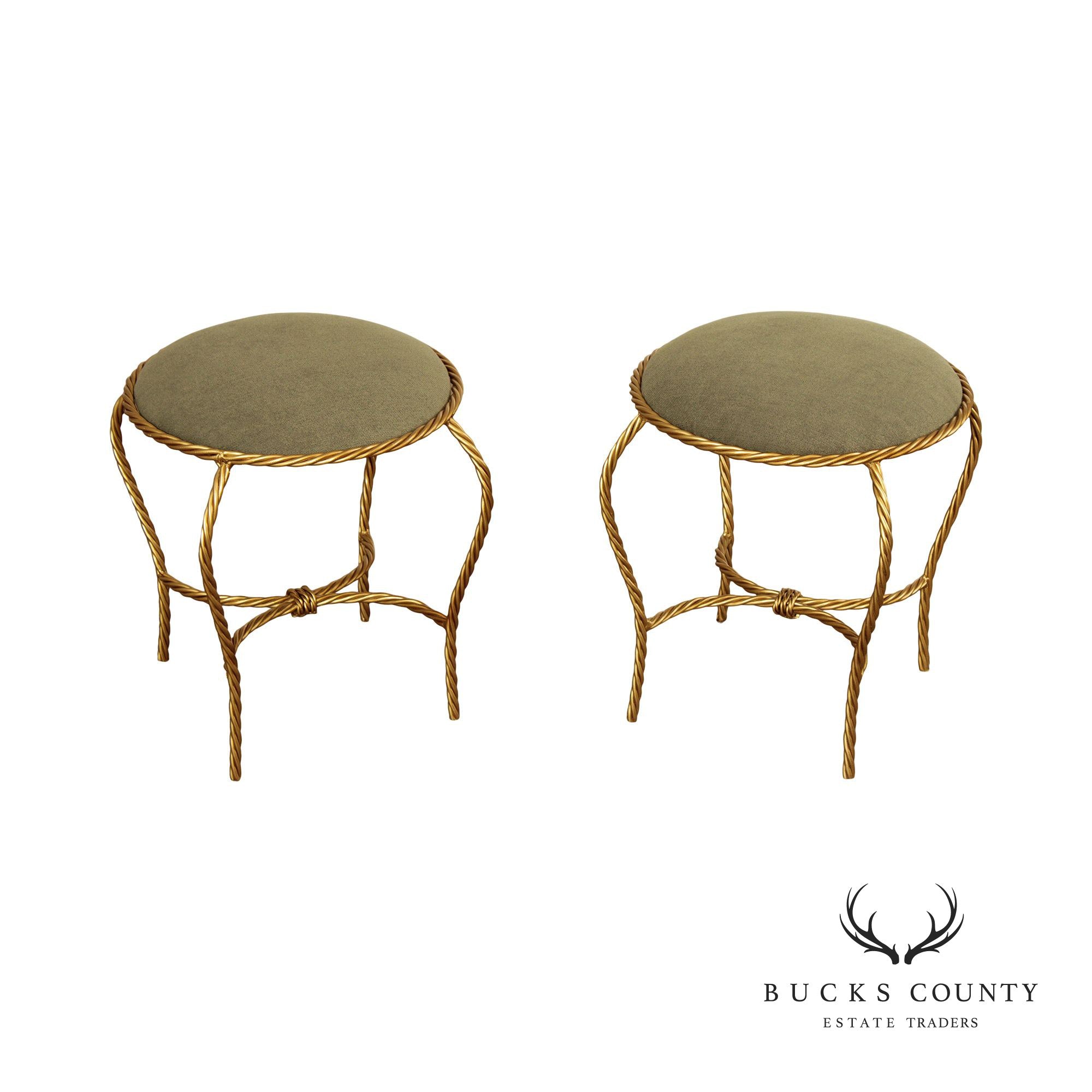 Italian Hollywood Regency Pair Gilt Rope Twist Stools