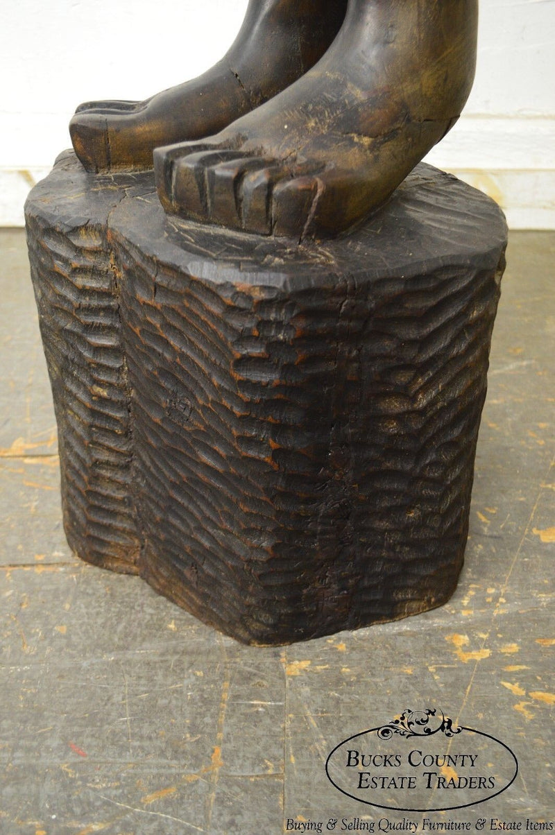 Haitian Vintage Hand Carved Wooden Folk Art Statue Woman Holding Basket on Head