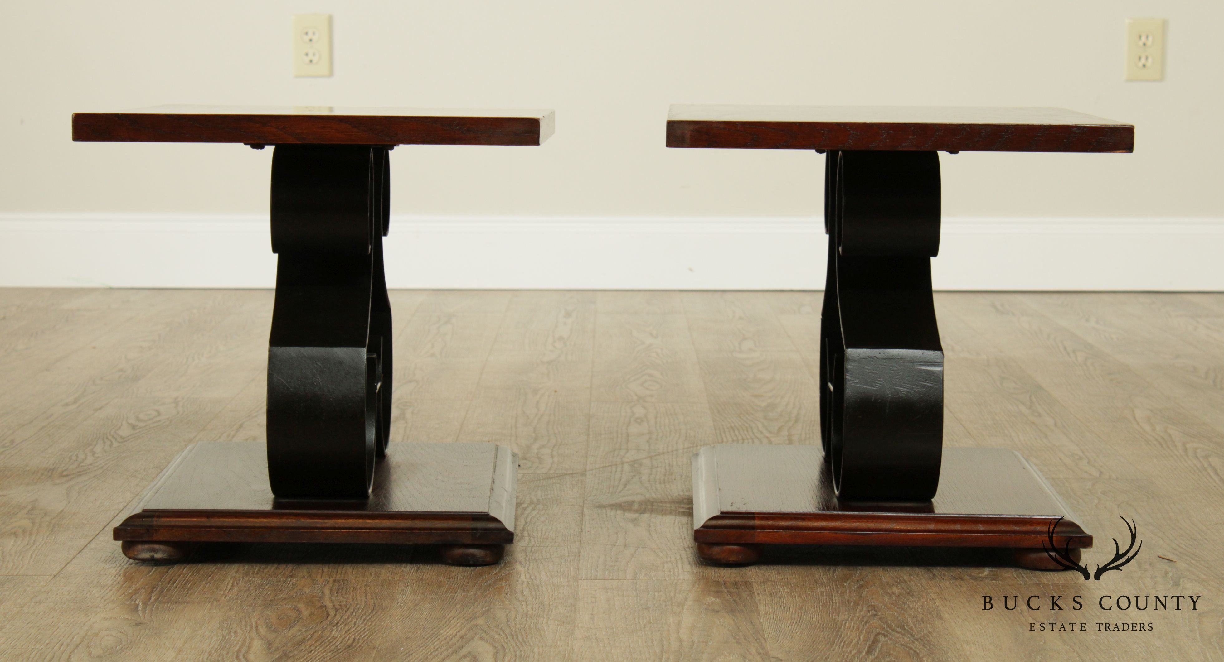 Lane Mid Century Pair Oak and Black Wrought Iron Side Tables - Rosewood Butterfly