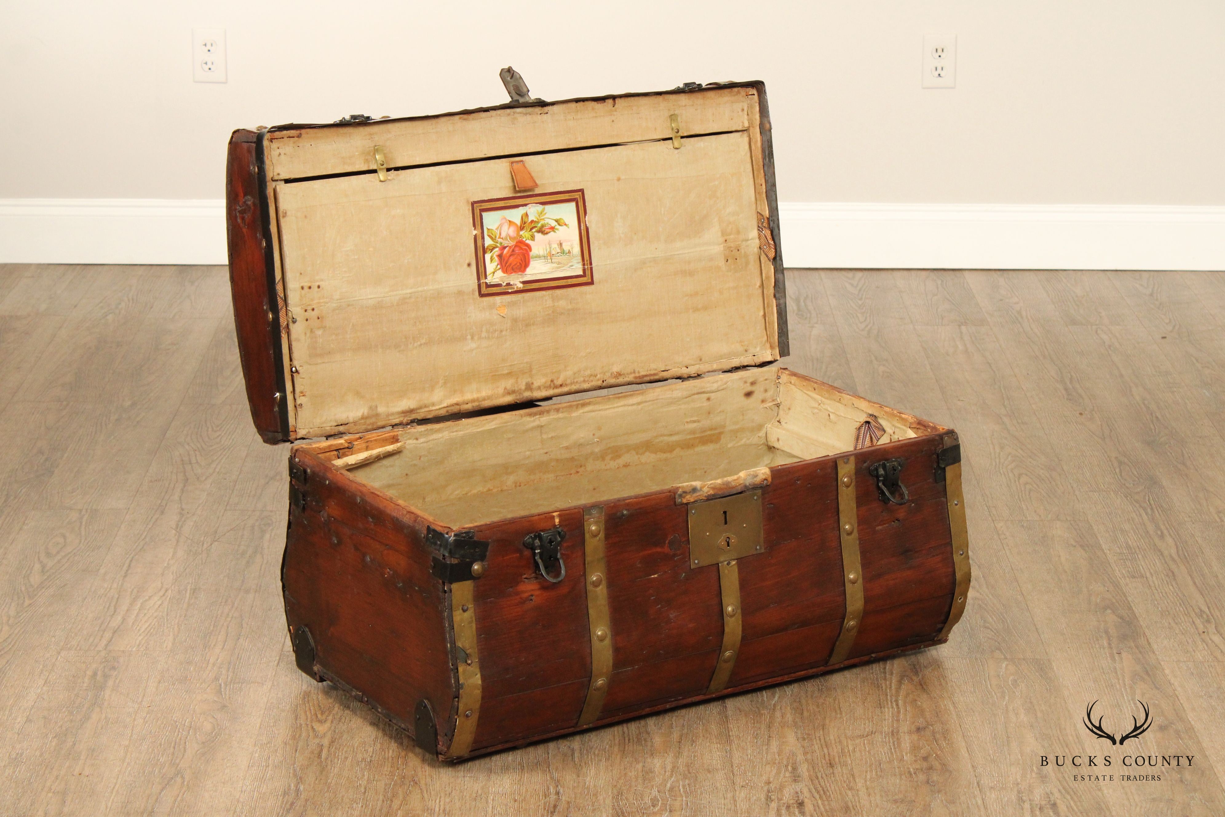 Antique Brass Bound Cedar Jenny Lind Steamer Trunk