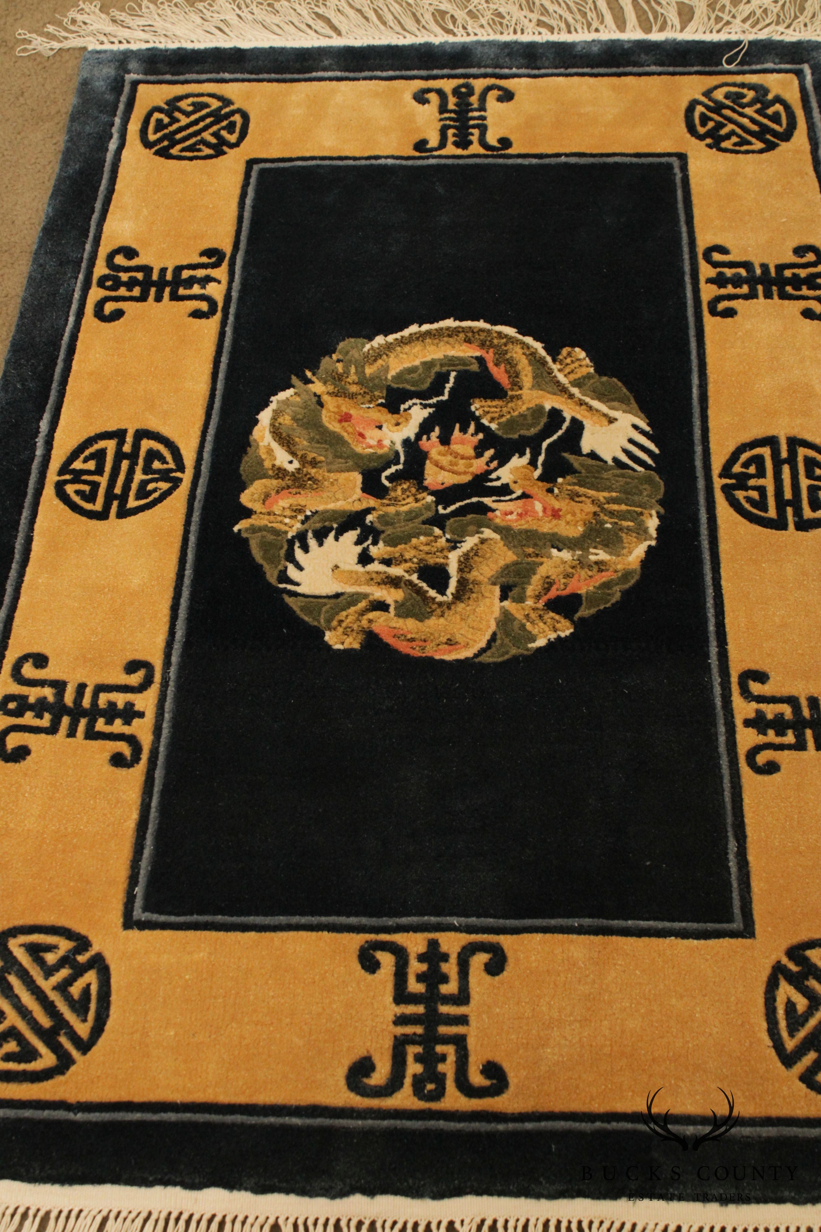 Quality 1970's Chinese Art Deco Style Dragon & Shou Design Blue Throw Rug