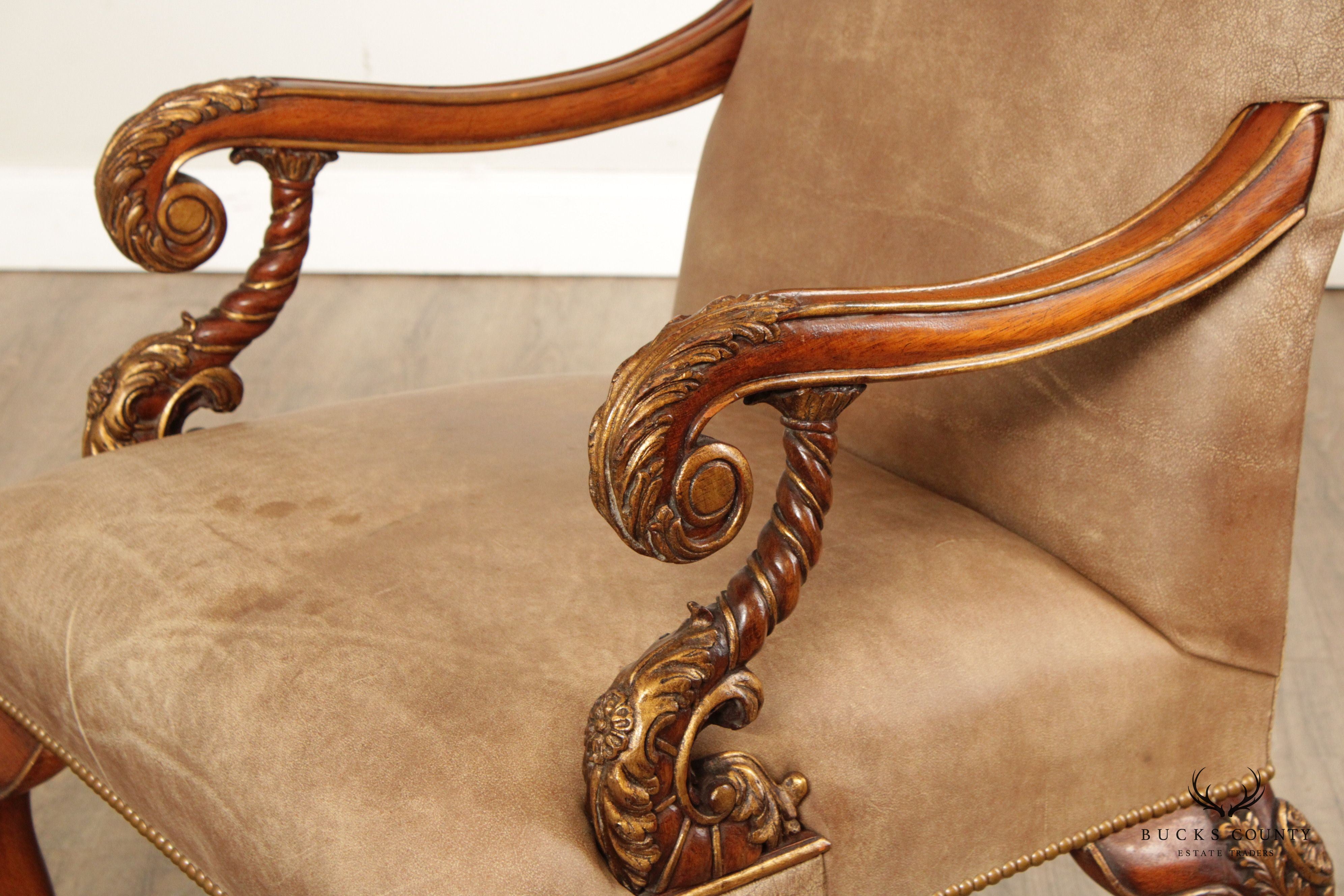 Italian Rococo Style Leather and Partial Gilt Armchair