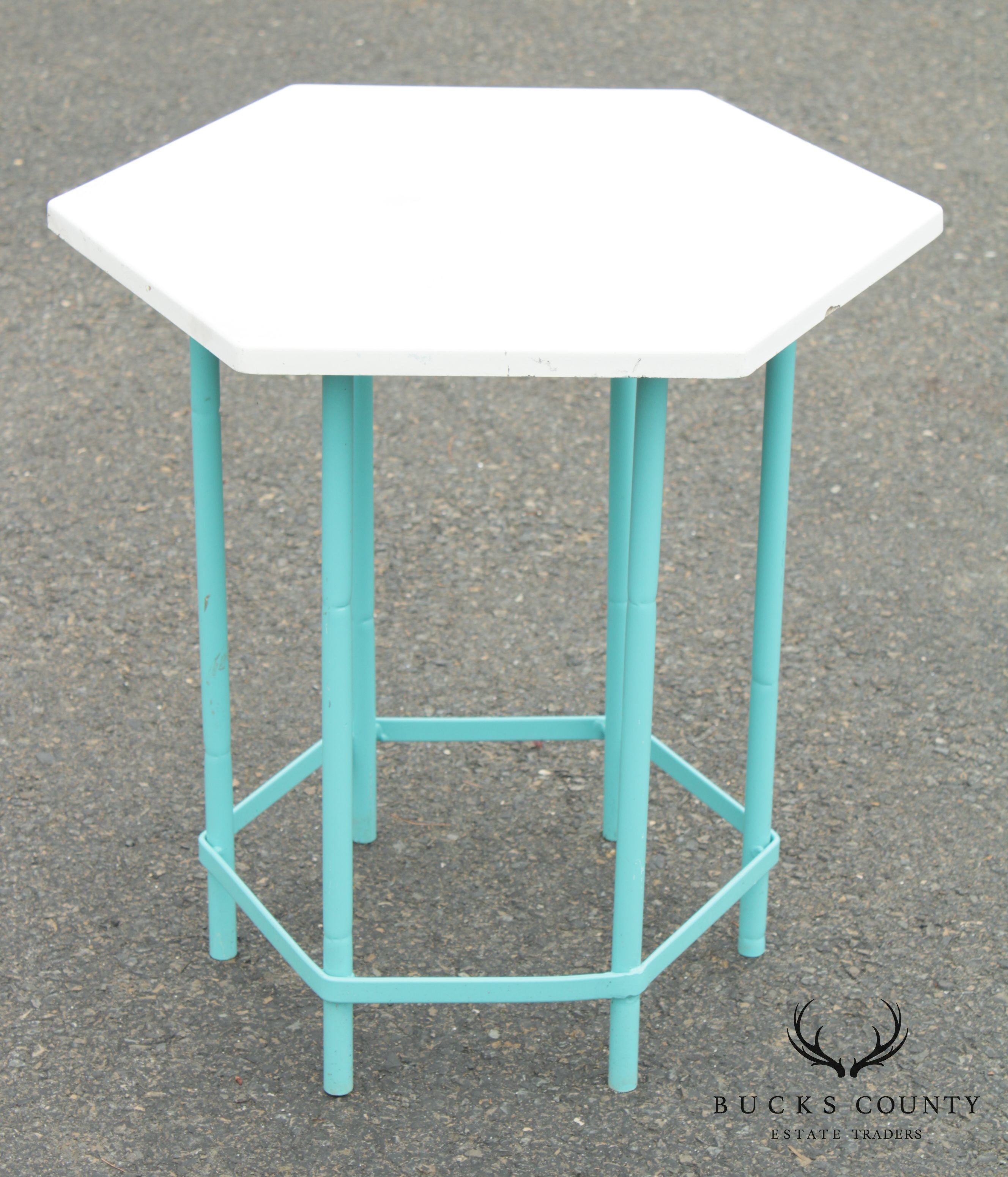 Mid Century Modern Teal Painted Base Hexagon Top Patio Side Table