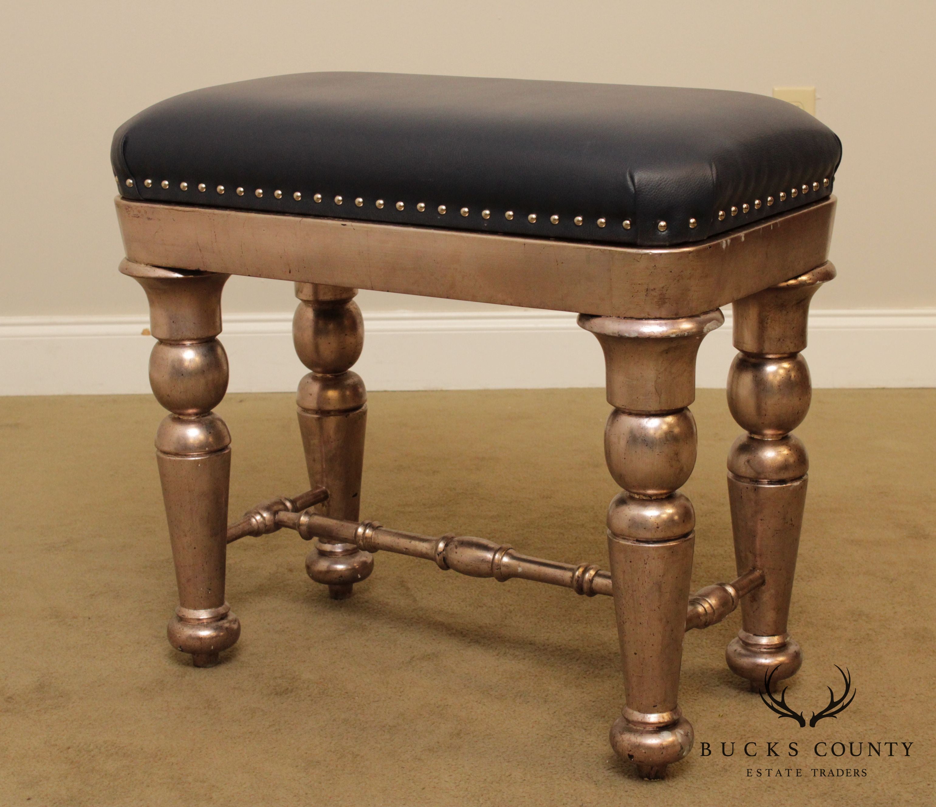 Custom Silver Finished Leather Tufted Bench