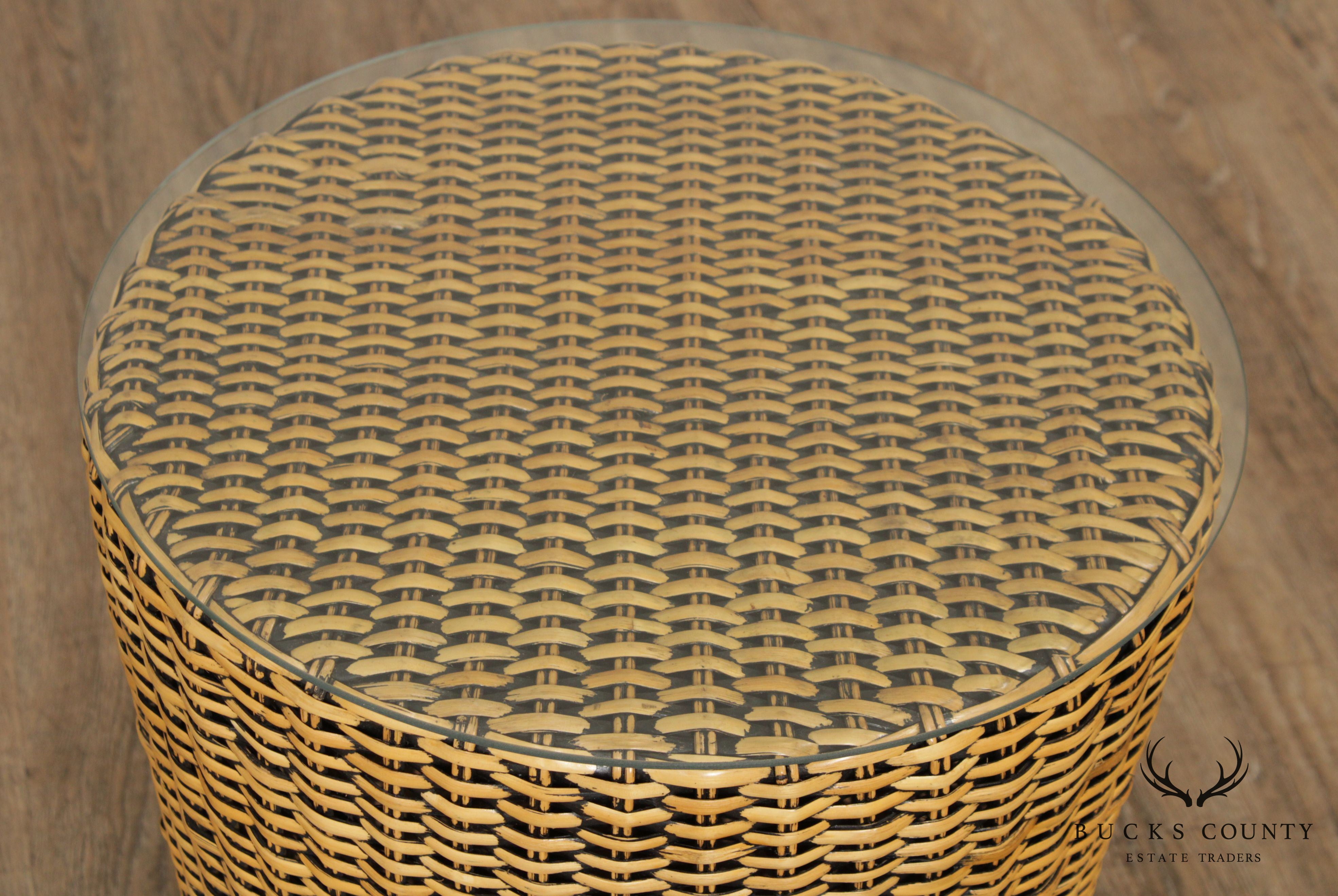 Vintage Woven Wicker Rattan Glass Top Round Side Table