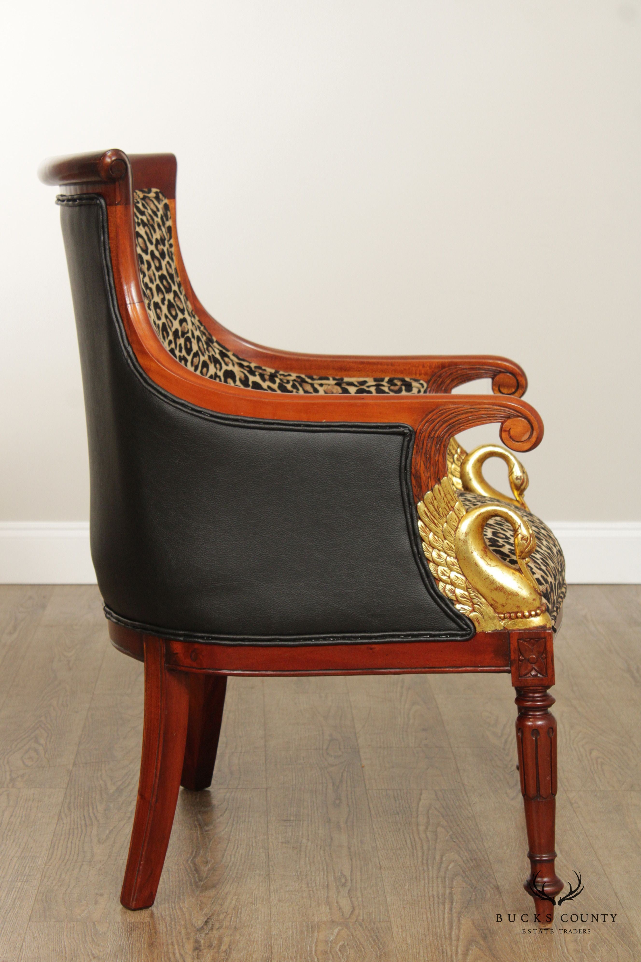 French Directoire Empire Style Pair of Mahogany Carved Swan Armchairs